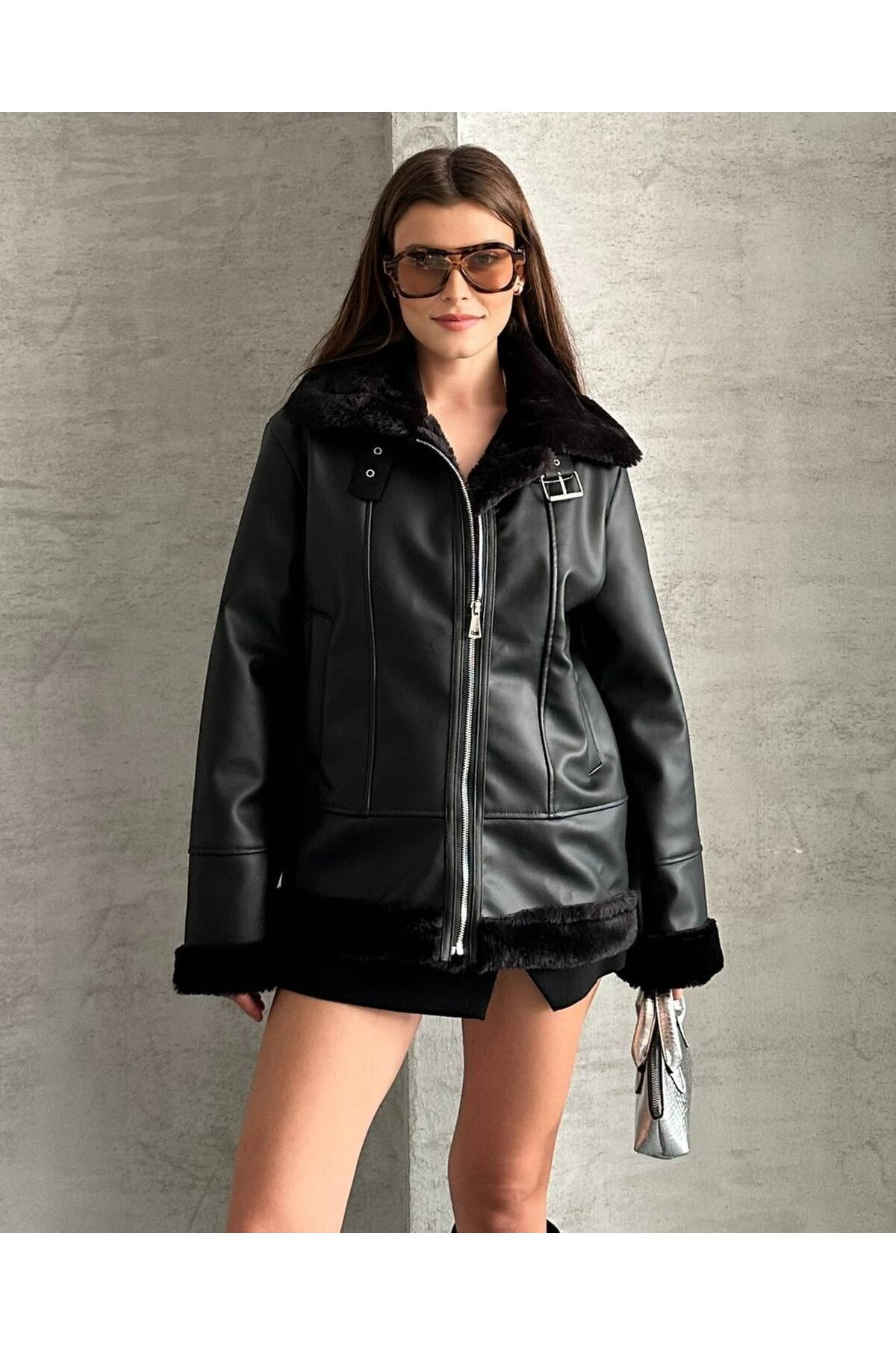 Kürk Detaylı Biker Deri Mont
