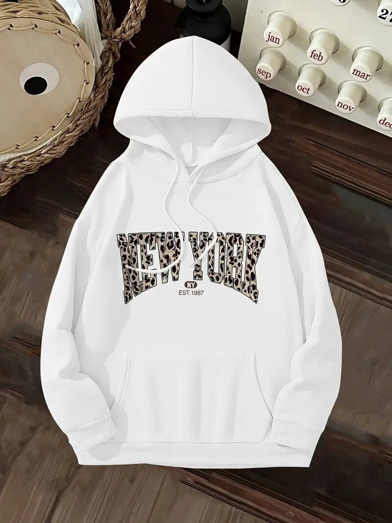 Leopar Detay New York Baskılı Oversize 3 İplik Kapüşonlu Sweat