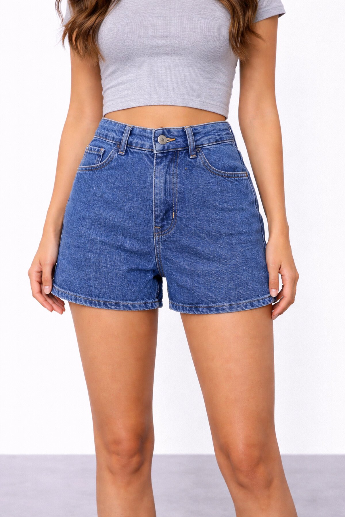 Mavi Yüksek Bel Jean Şort