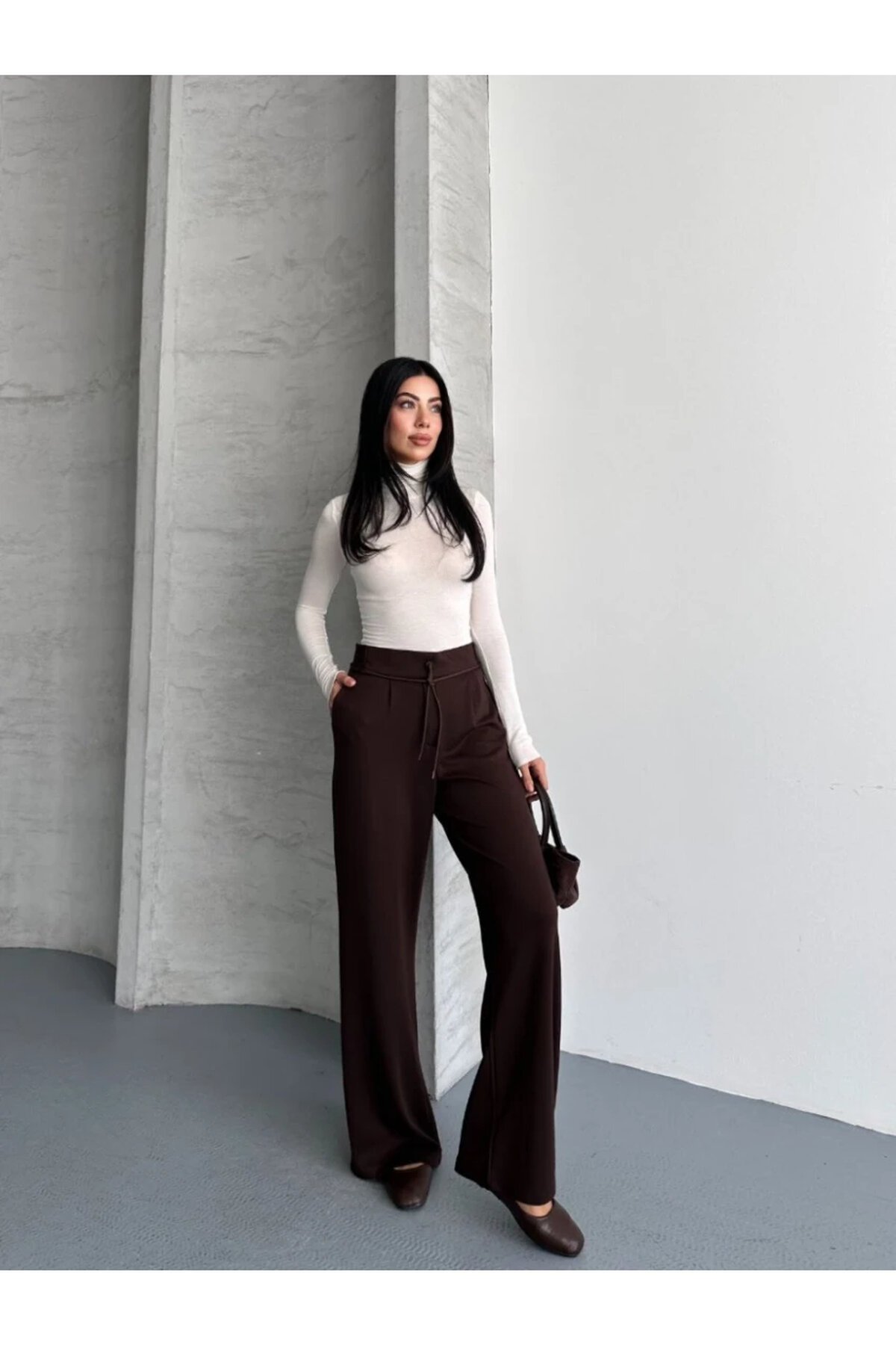 Modal Kumaş Bel Detay Pantolon Kahve