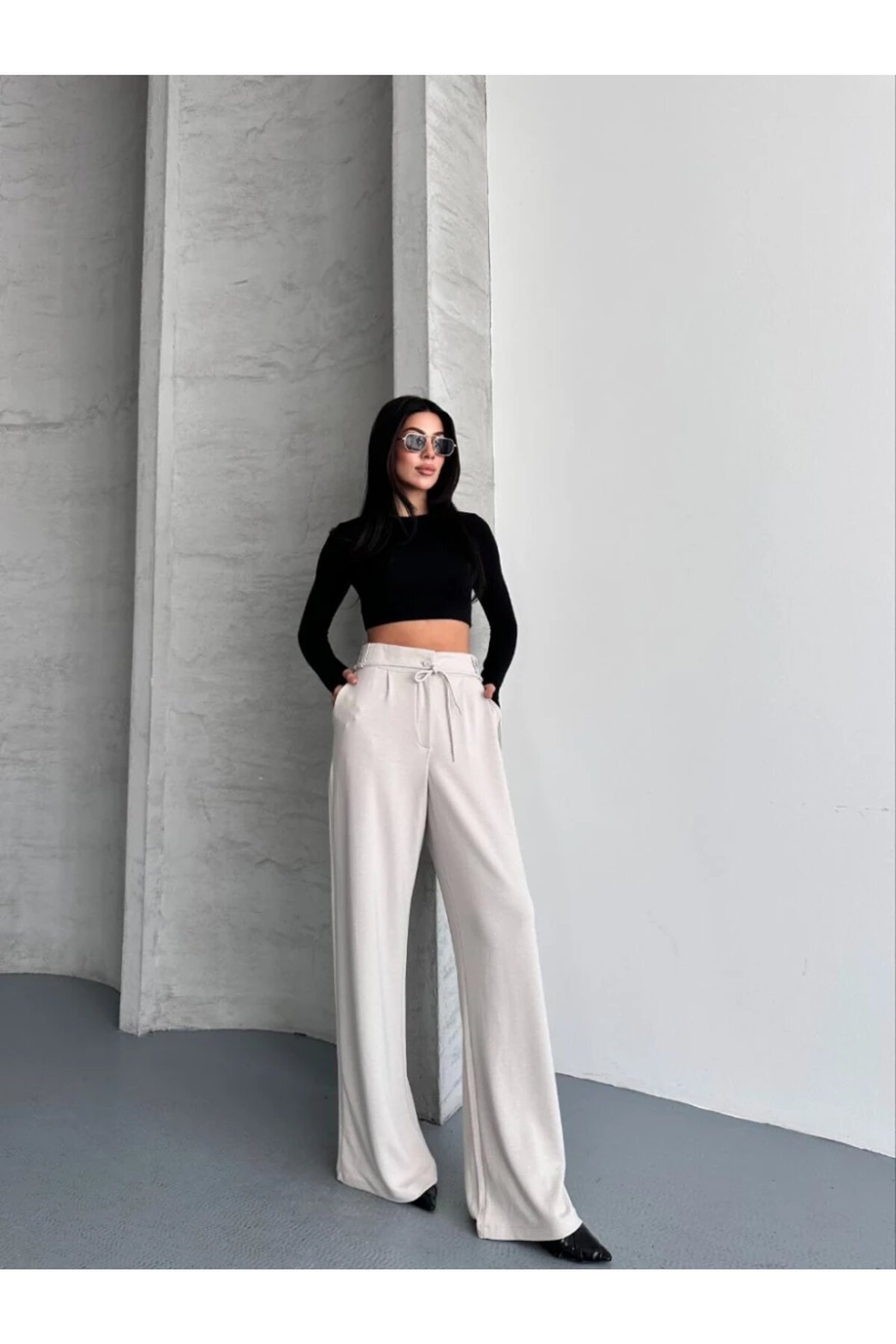 Modal Kumaş Bel Detay Pantolon Krem