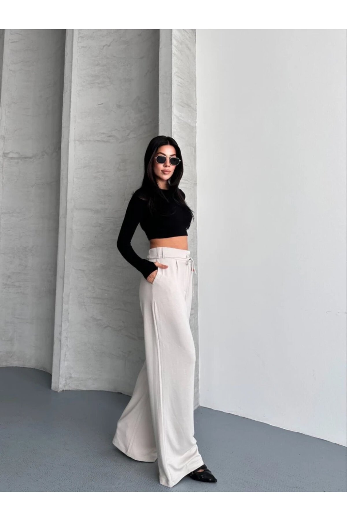 Modal Kumaş Bel Detay Pantolon Krem