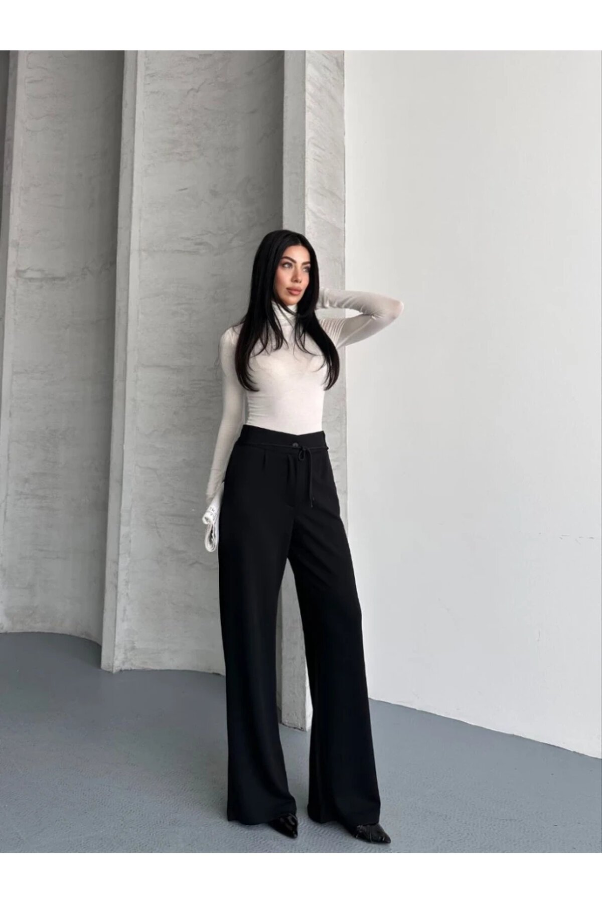 Modal Kumaş Bel Detay Pantolon Siyah