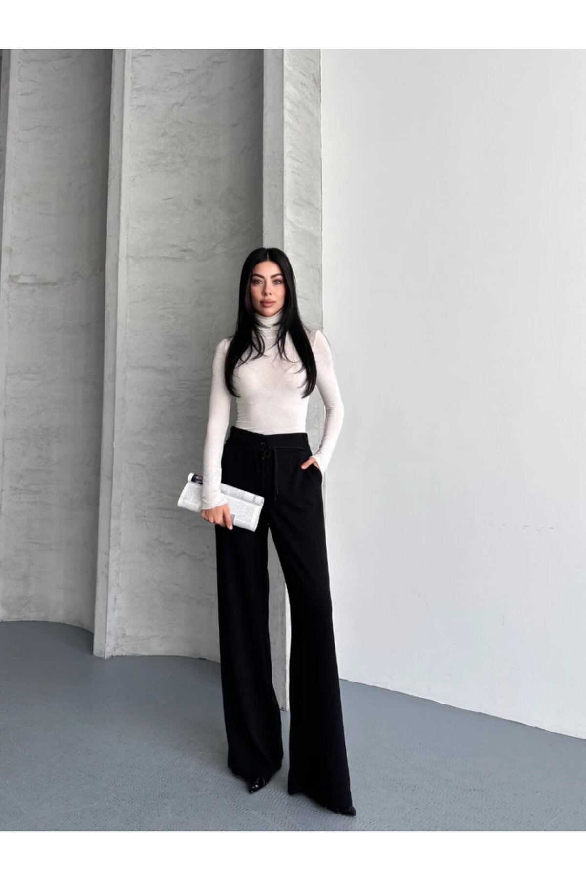 Modal Kumaş Bel Detay Pantolon Siyah