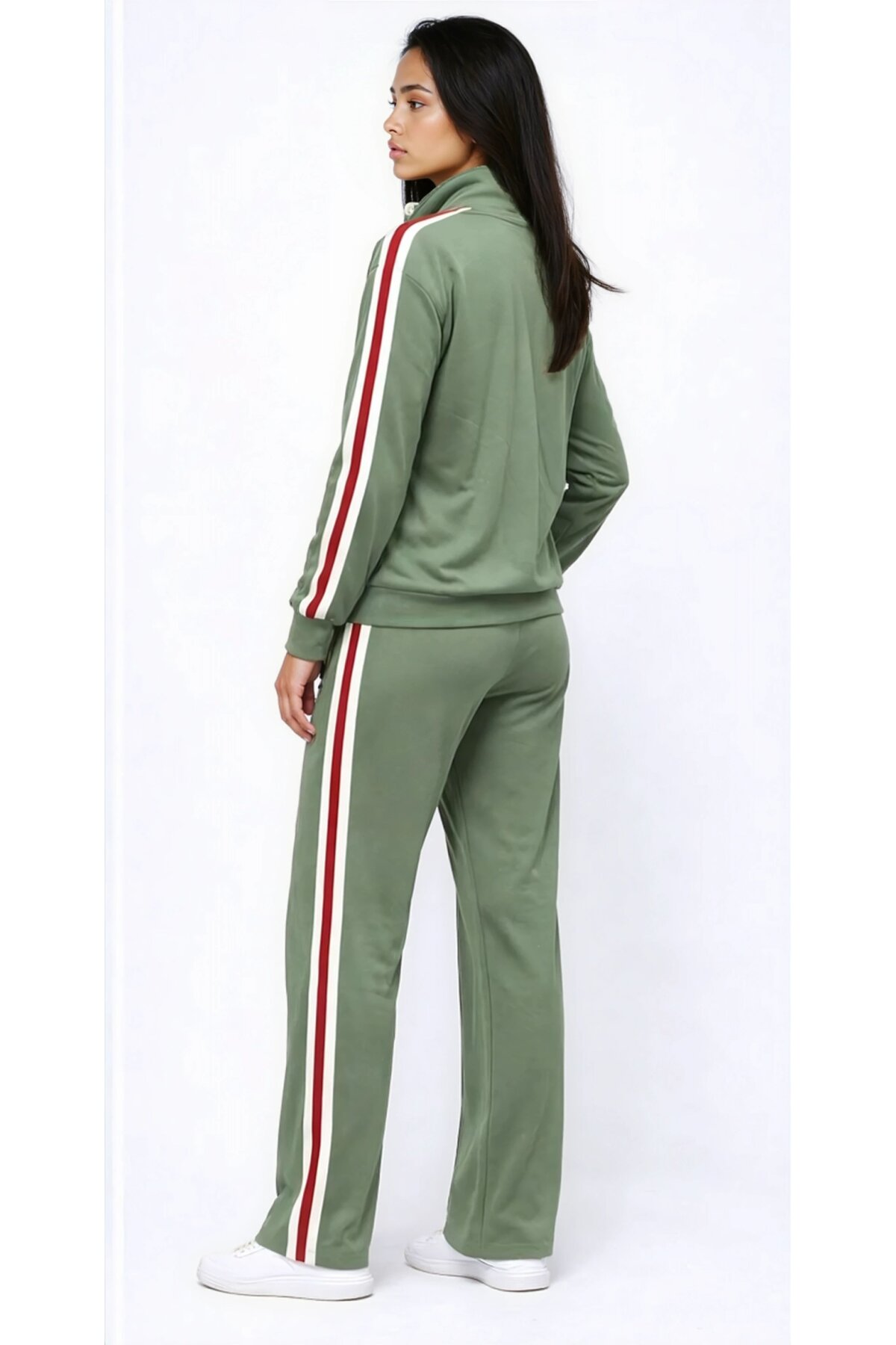 Modal Kumaş Tam Fermuarlı Şeritli Eşofman Takımı Yeşil