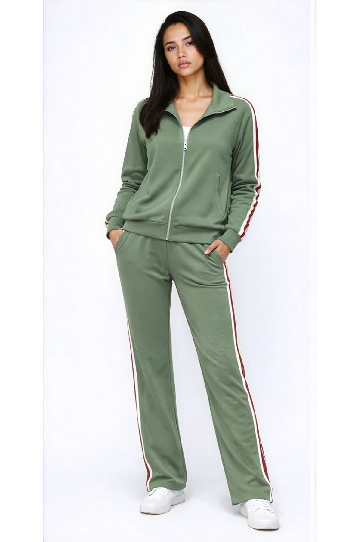 Modal Kumaş Tam Fermuarlı Şeritli Eşofman Takımı Yeşil