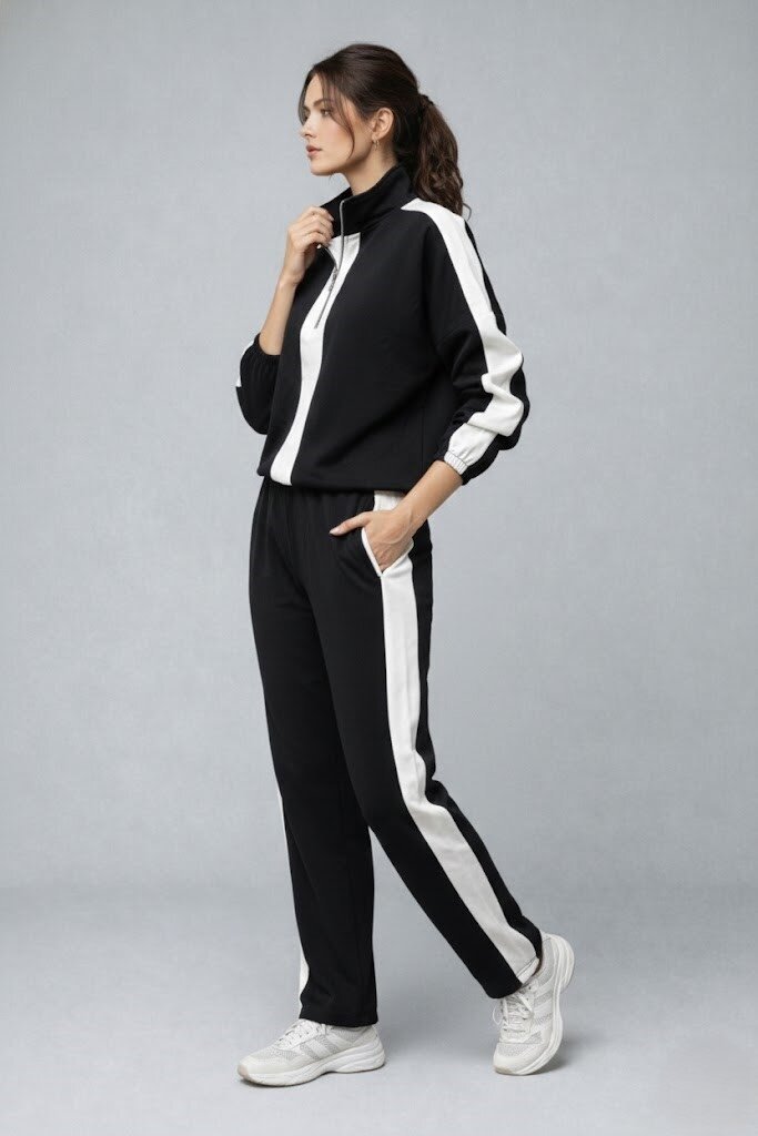 Modal Kumaş Yarım Fermuarlı Şeritli Eşofman Takımı Siyah