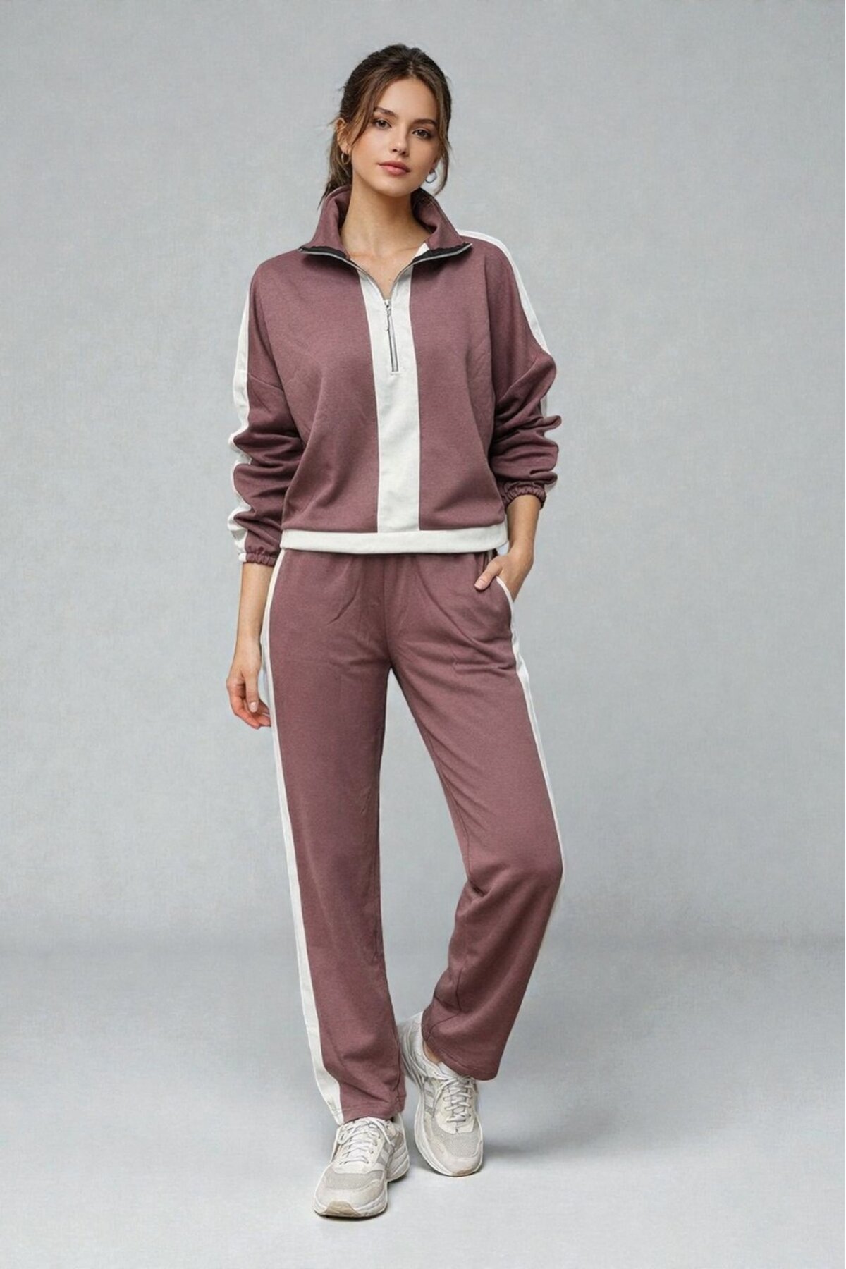 Modal Kumaş Yarım Fermuarlı Şeritli Eşofman Takımı Gül Kurusu