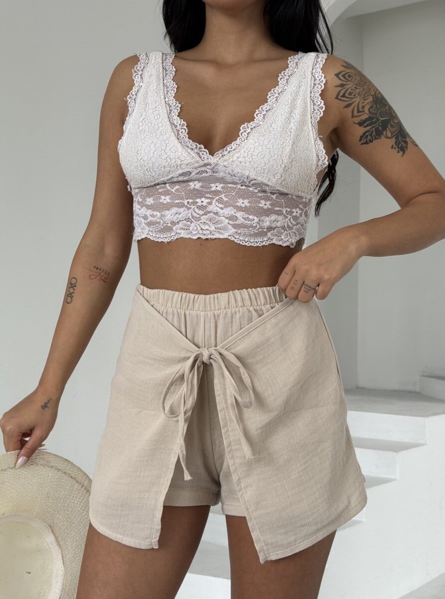 Müslin Keten Bağlama Detay Şort Bej
