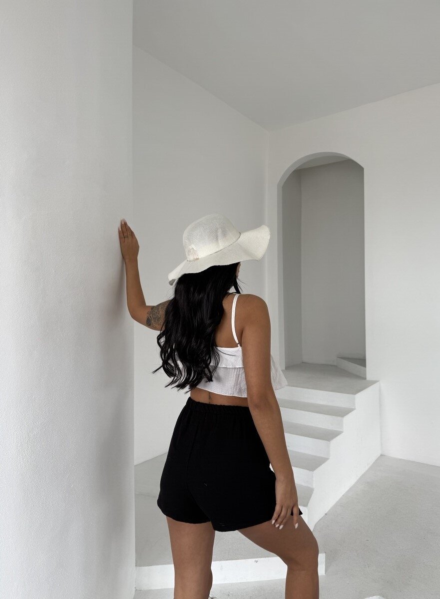 Müslin Keten Bağlama Detay Şort Siyah