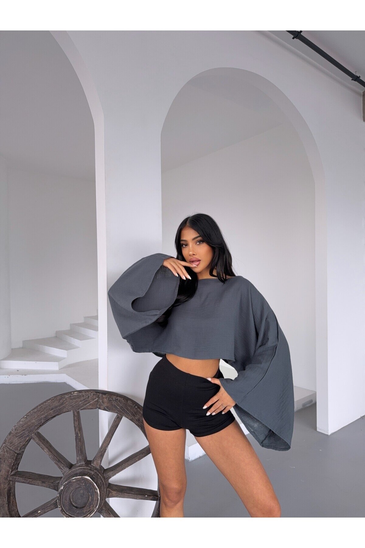 Müslin Keten Bluz Antrasit