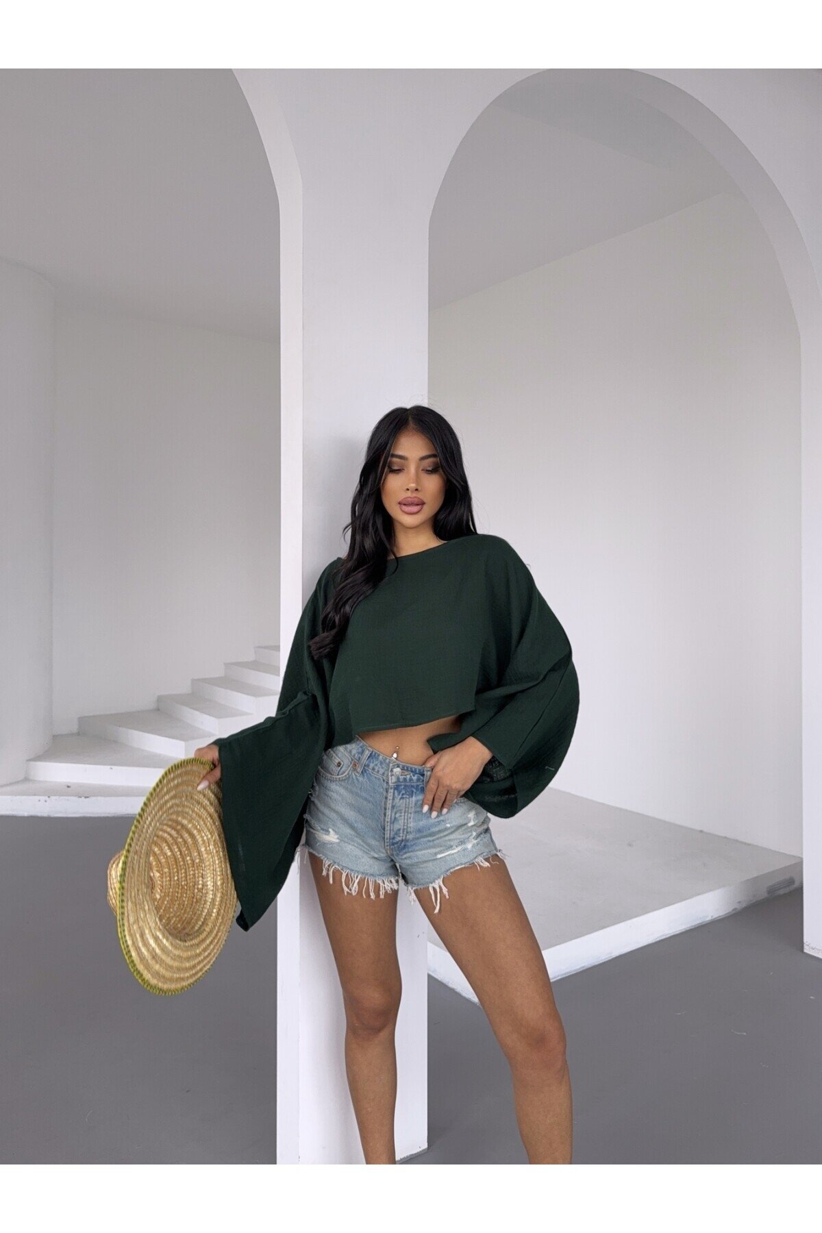 Müslin Keten Bluz Zümrüt