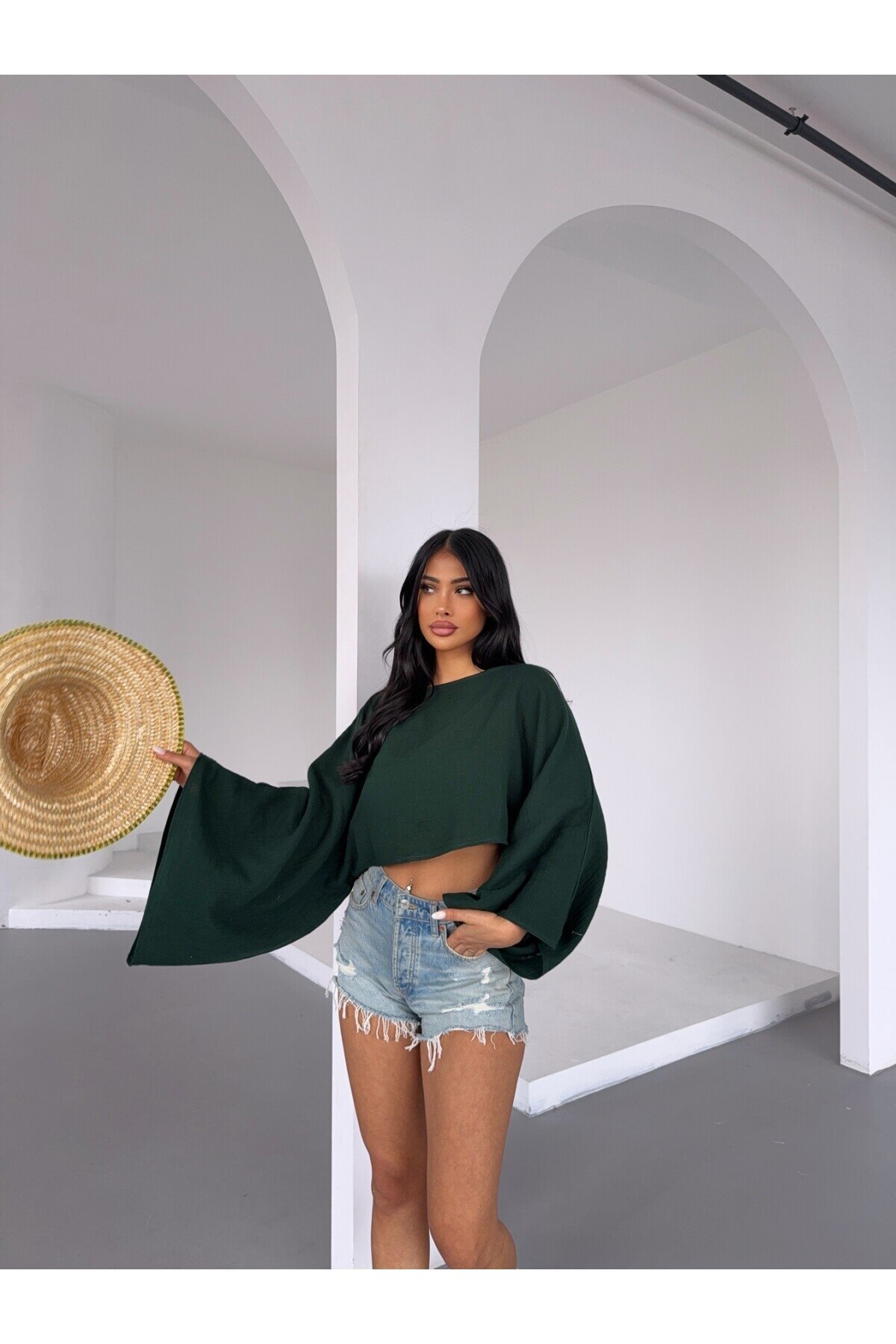Müslin Keten Bluz Zümrüt