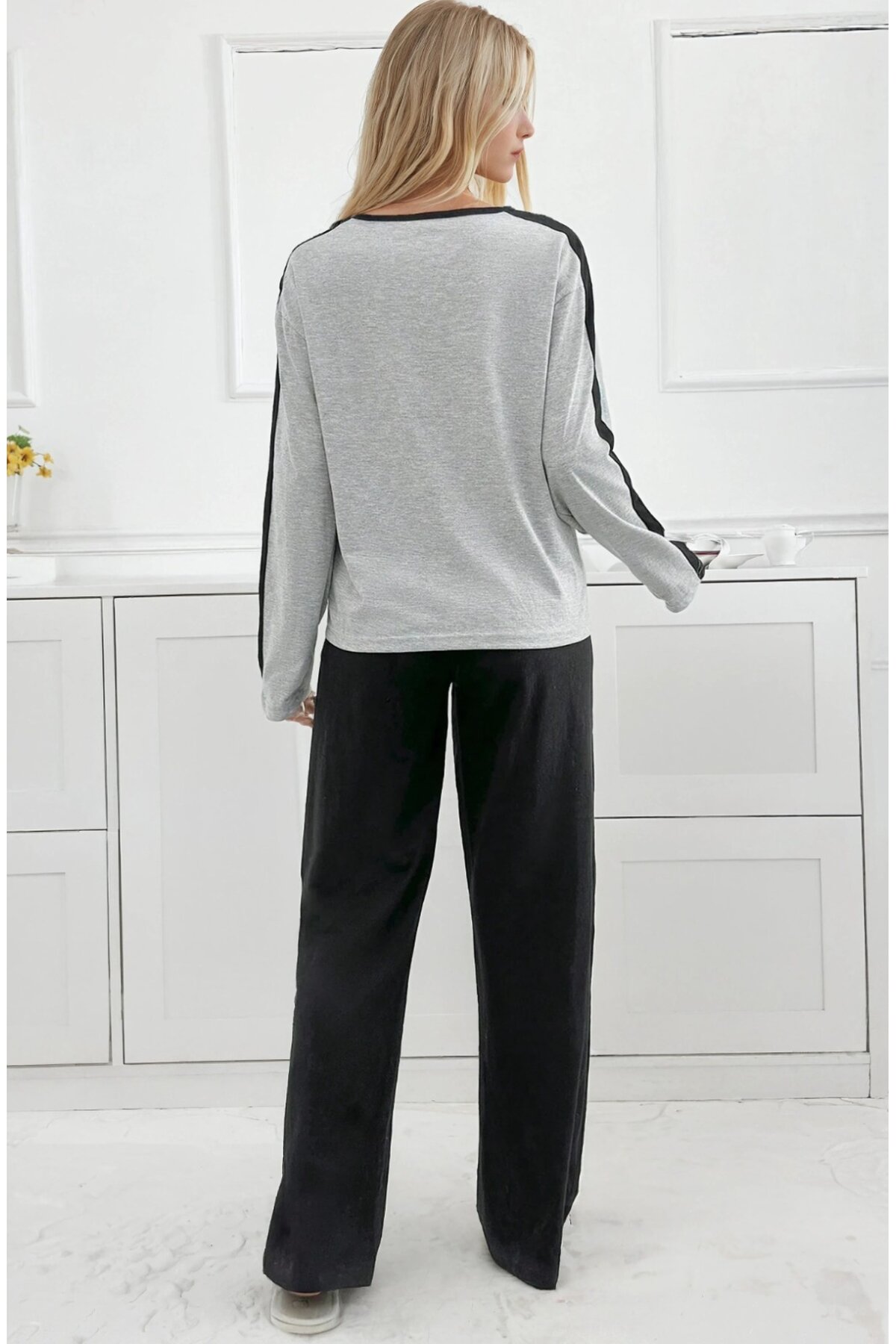 New York Baskılı Şerit Detaylı Uzun Kollu Kadın Pijama Takımı