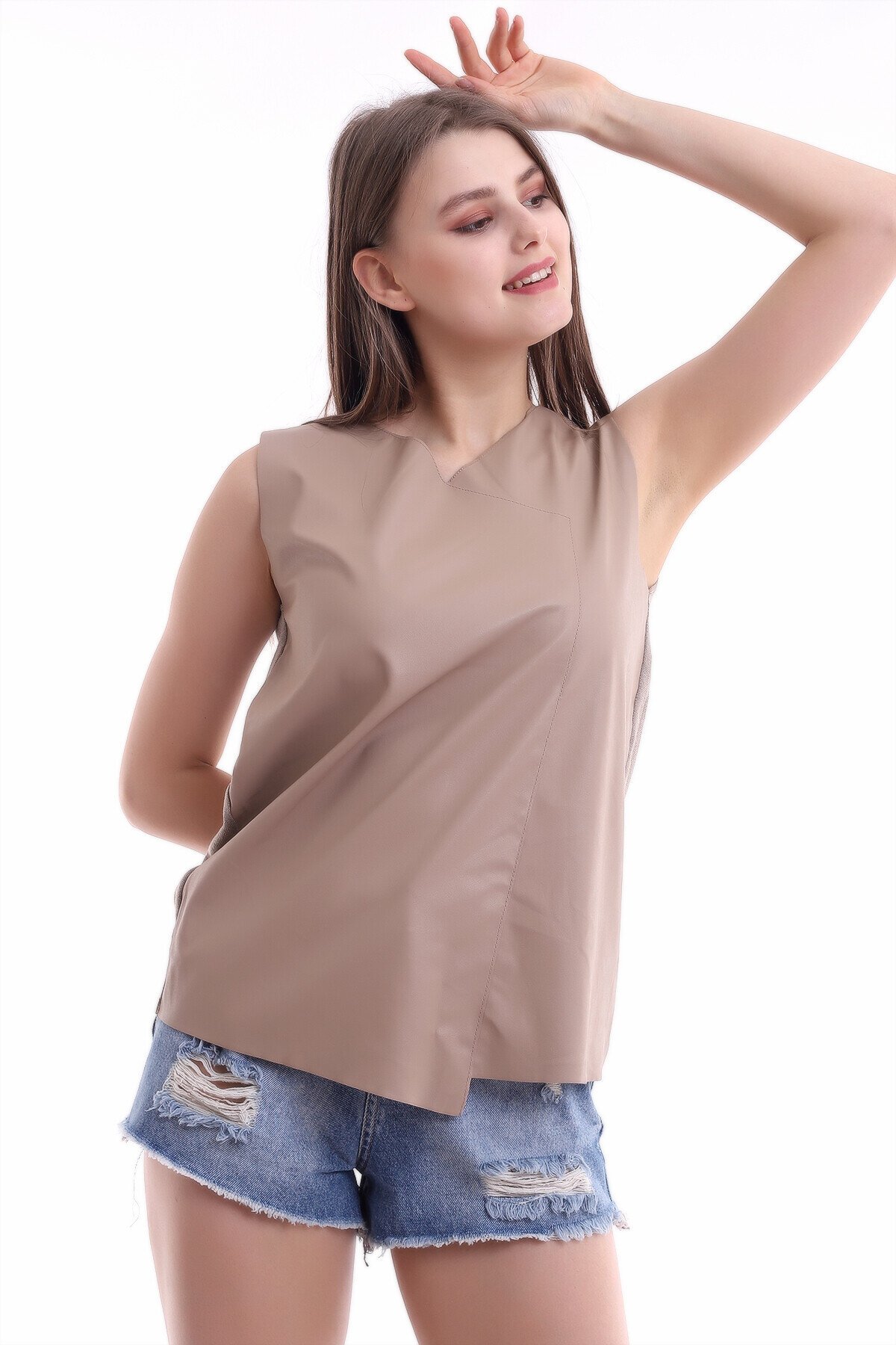 Önü Deri Arkası Triko Kolsuz Bluz VIZON