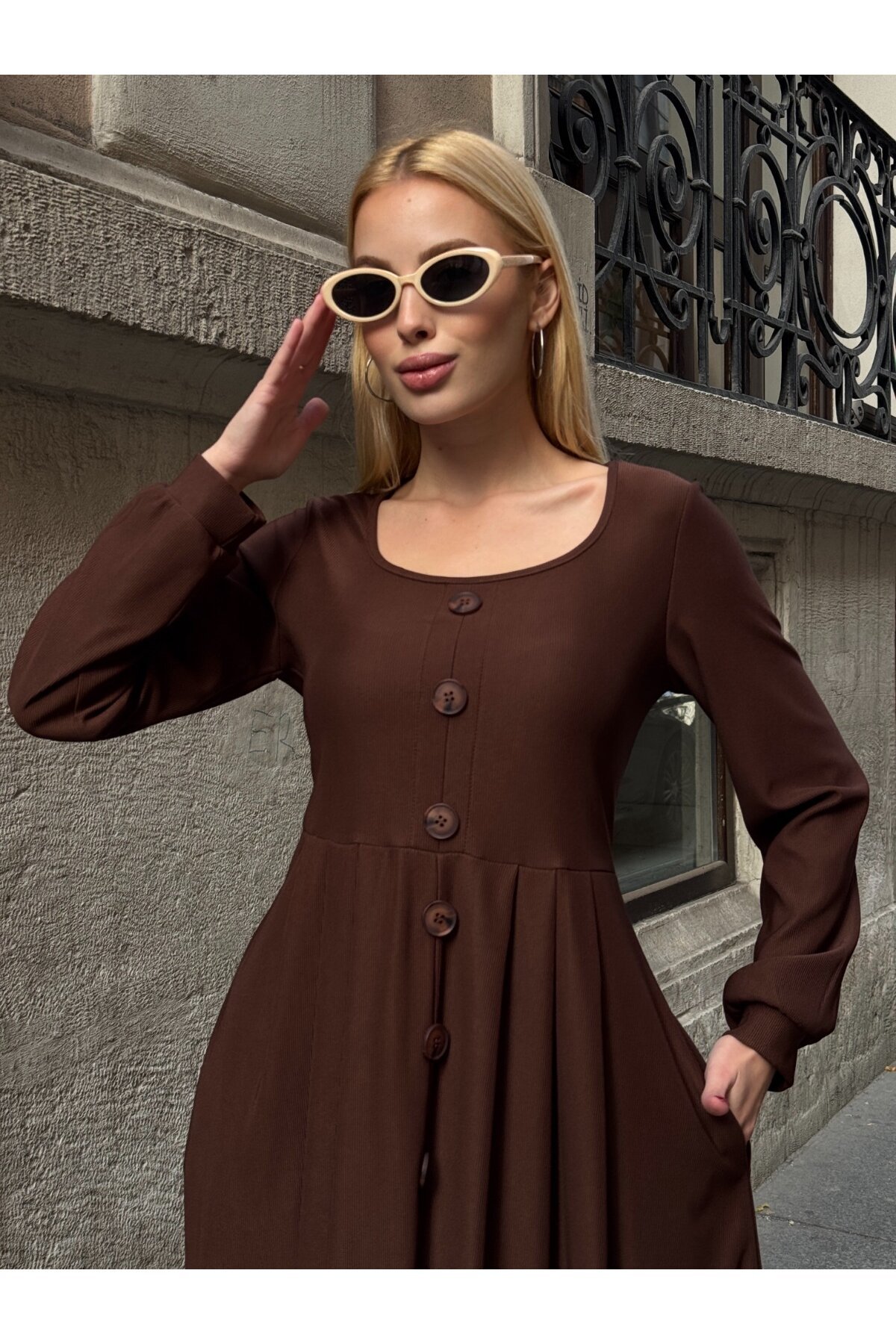 Ottoman Kumaş Düğme Detay Elbise Kahve