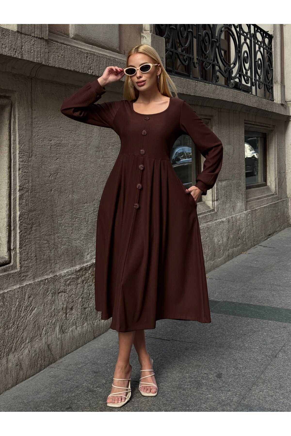 Ottoman Kumaş Düğme Detay Elbise Kahve