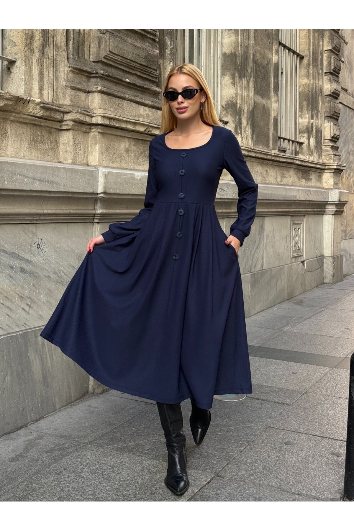 Ottoman Kumaş Düğme Detay Elbise Lacivert