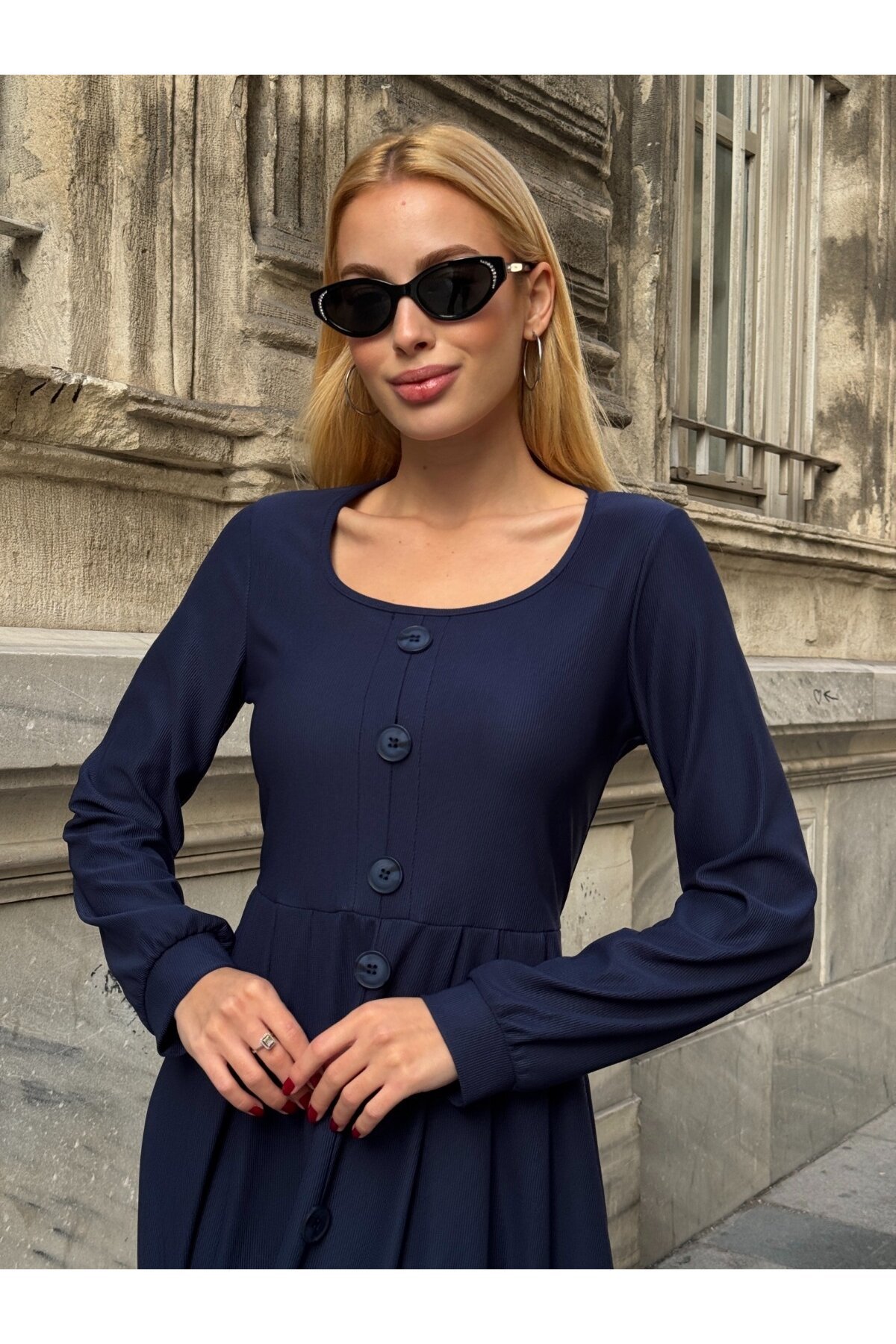 Ottoman Kumaş Düğme Detay Elbise Lacivert