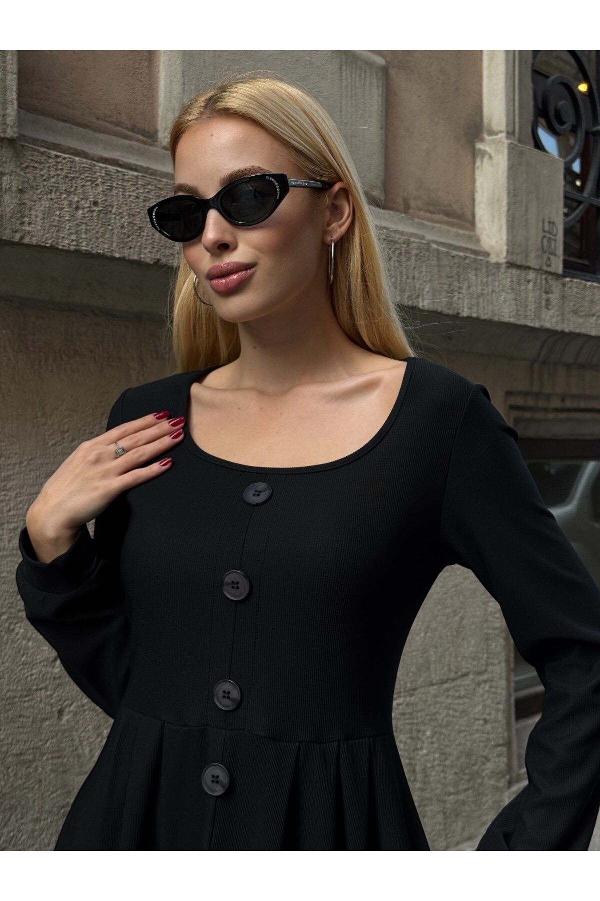 Ottoman Kumaş Düğme Detay Elbise Siyah