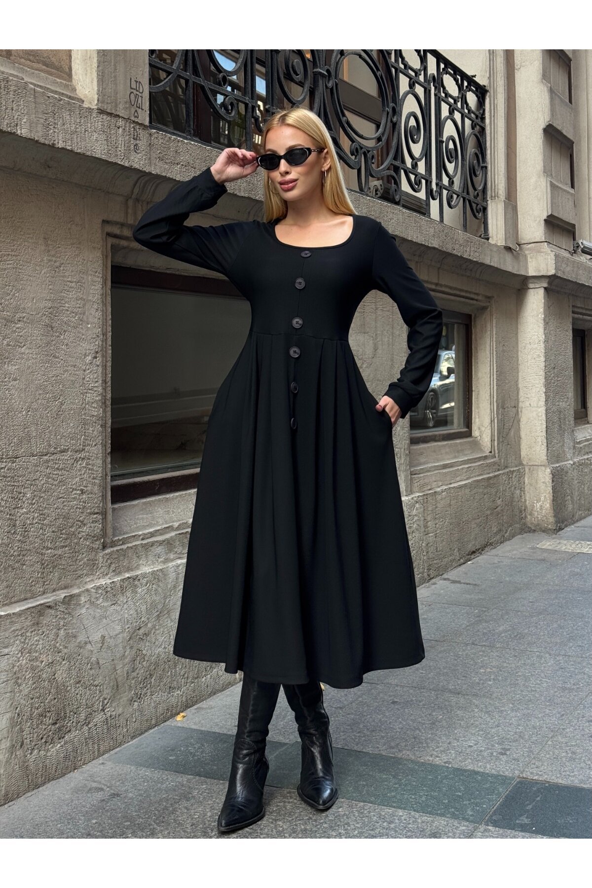 Ottoman Kumaş Düğme Detay Elbise Siyah