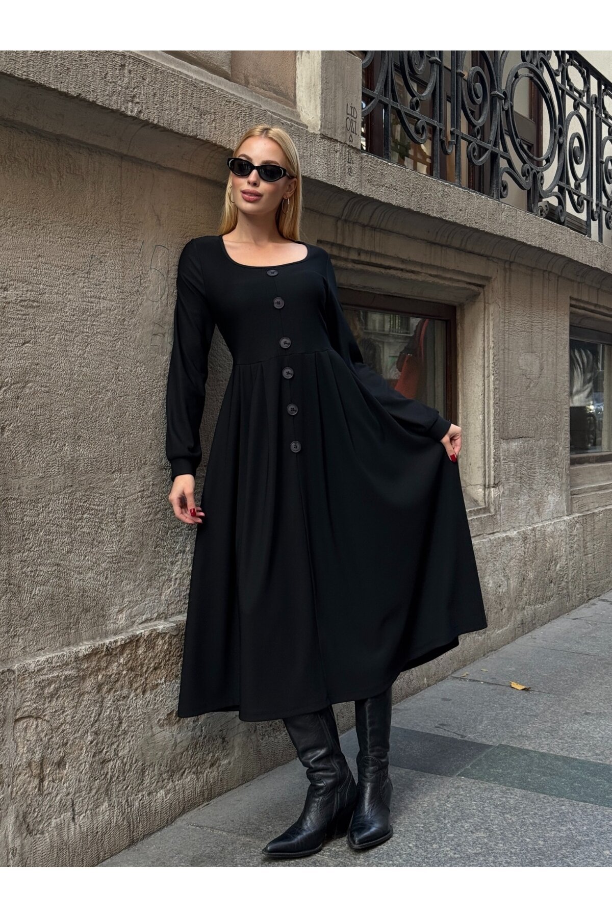 Ottoman Kumaş Düğme Detay Elbise Siyah