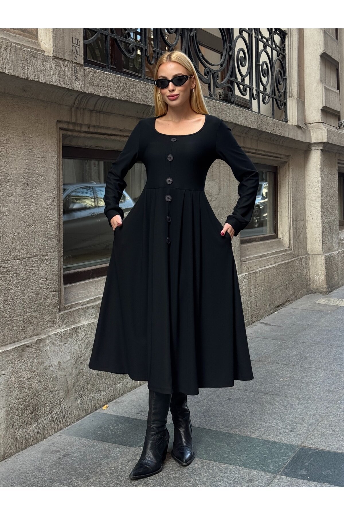 Ottoman Kumaş Düğme Detay Elbise Siyah