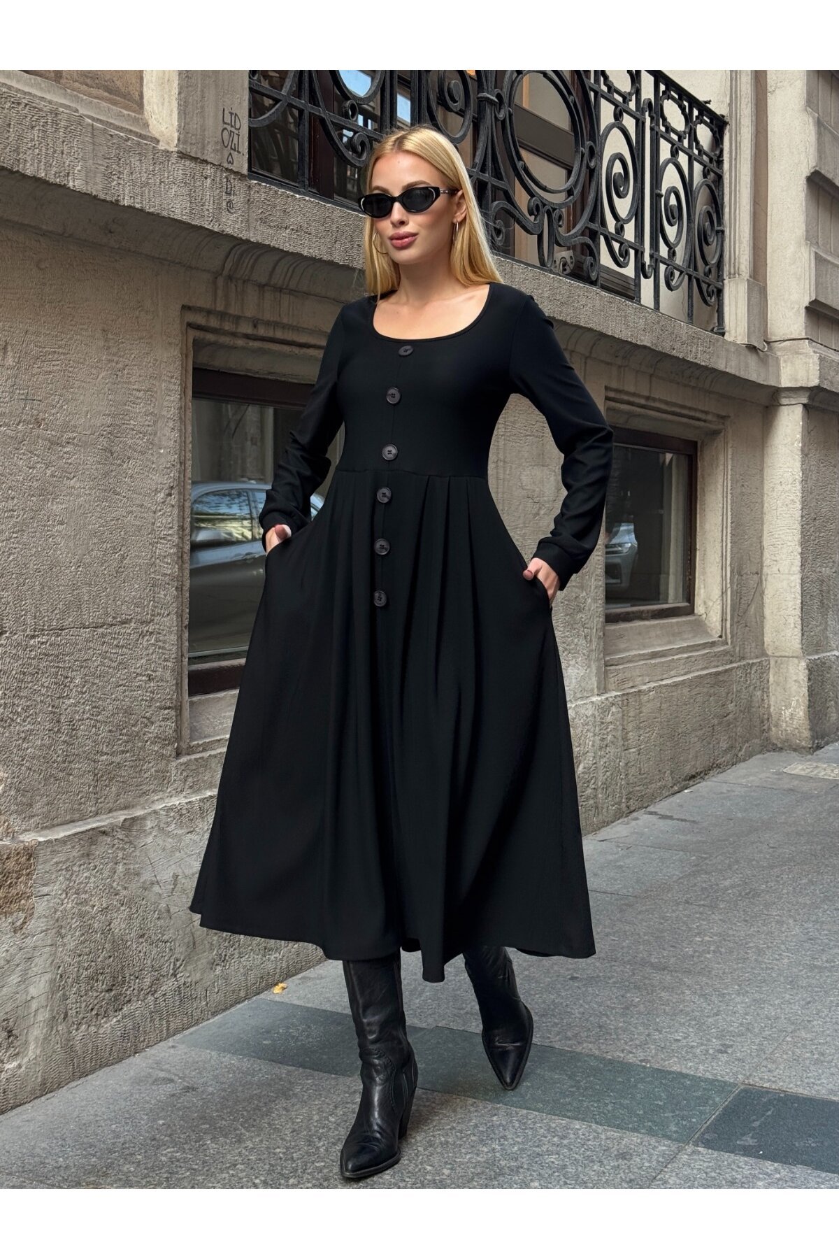 Ottoman Kumaş Düğme Detay Elbise Siyah