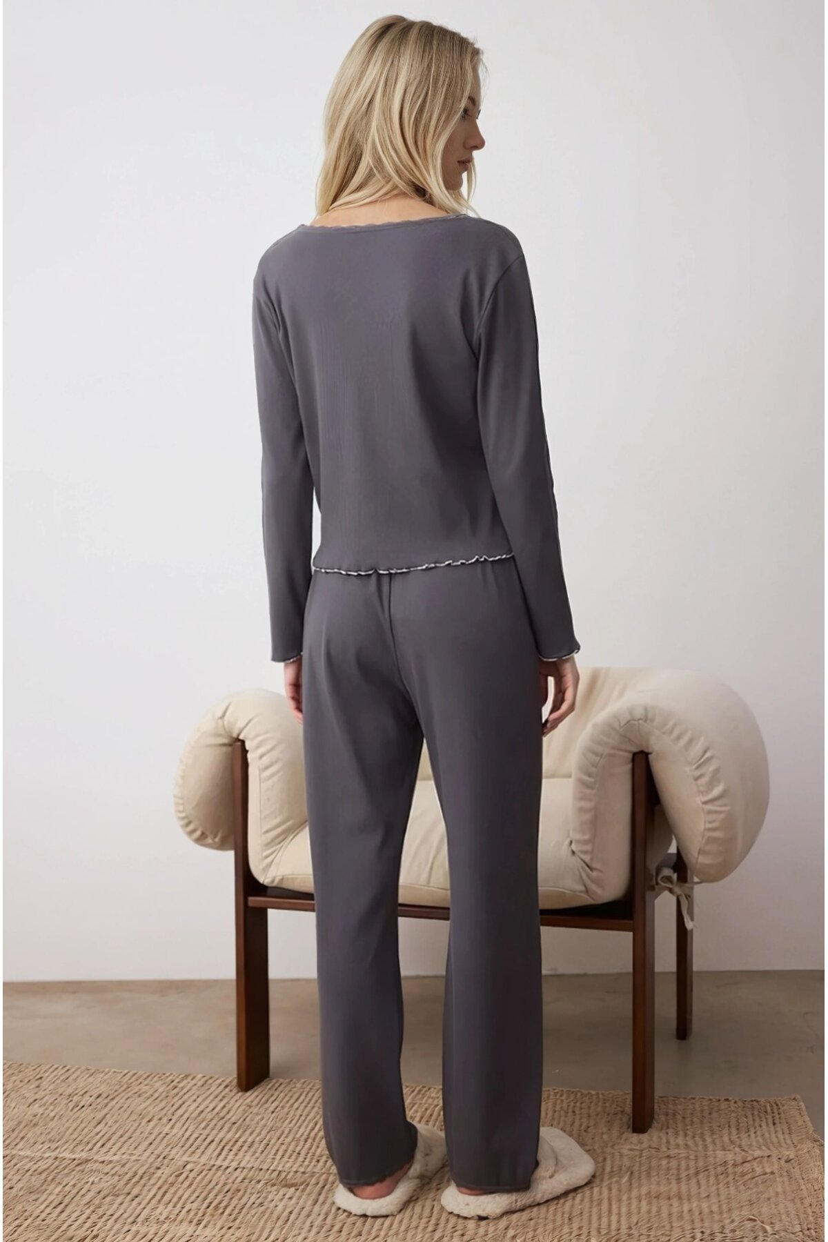 Pamuklu Dantel ve Fiyonk Detaylı Fitilli Örme Pijama Takımı