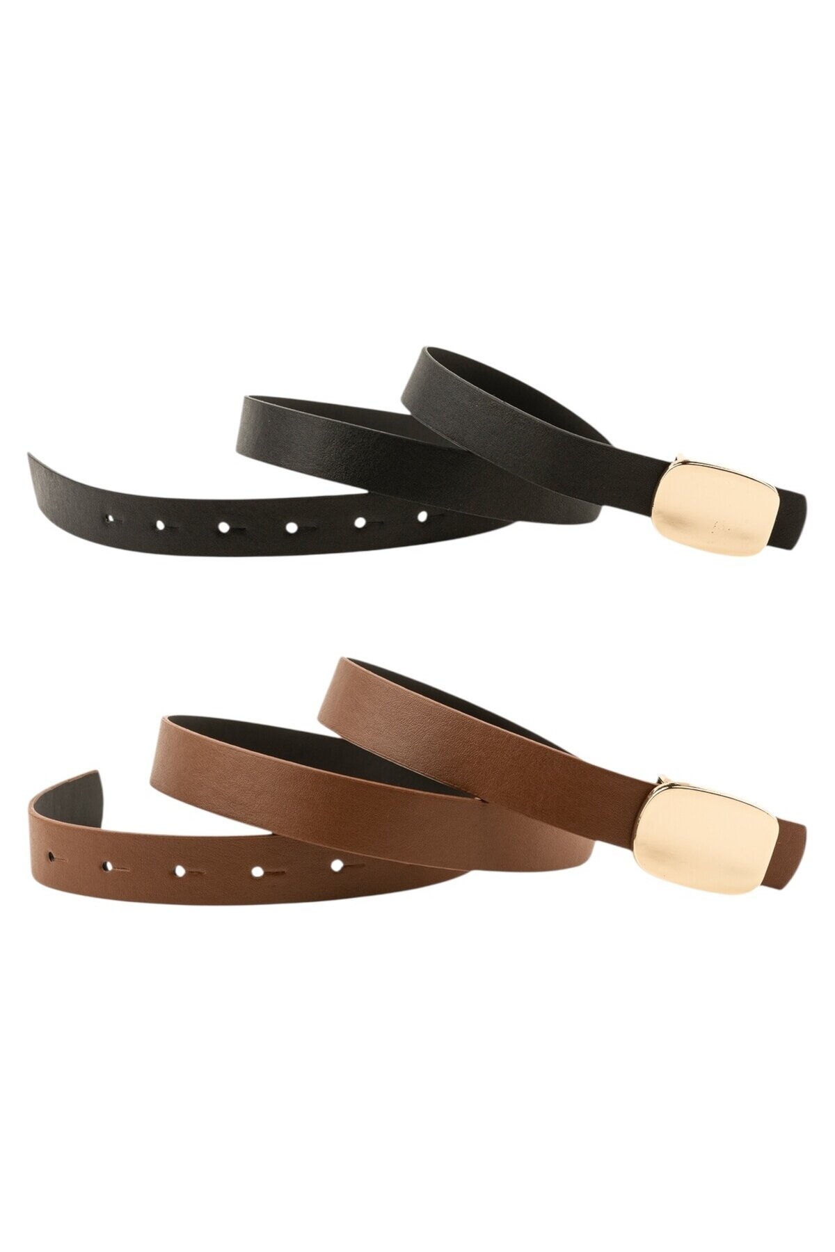 Parlak Kare Tokalı İkili Set Siyah_Taba Kadın Kemeri