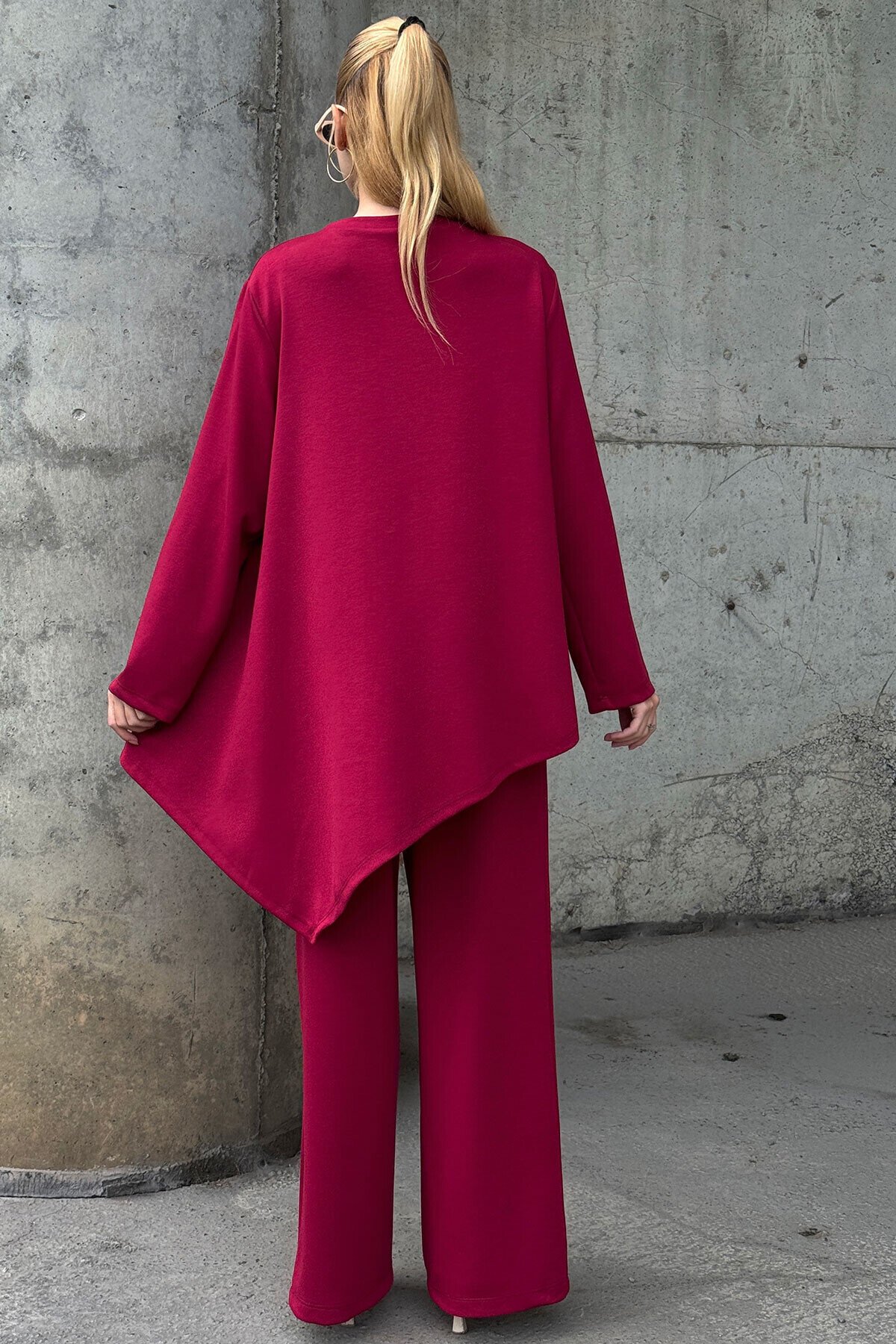 Rahat Kalıp Asimetrik Bluz Ve Pantolon Modal Kumaş Takım Bordo