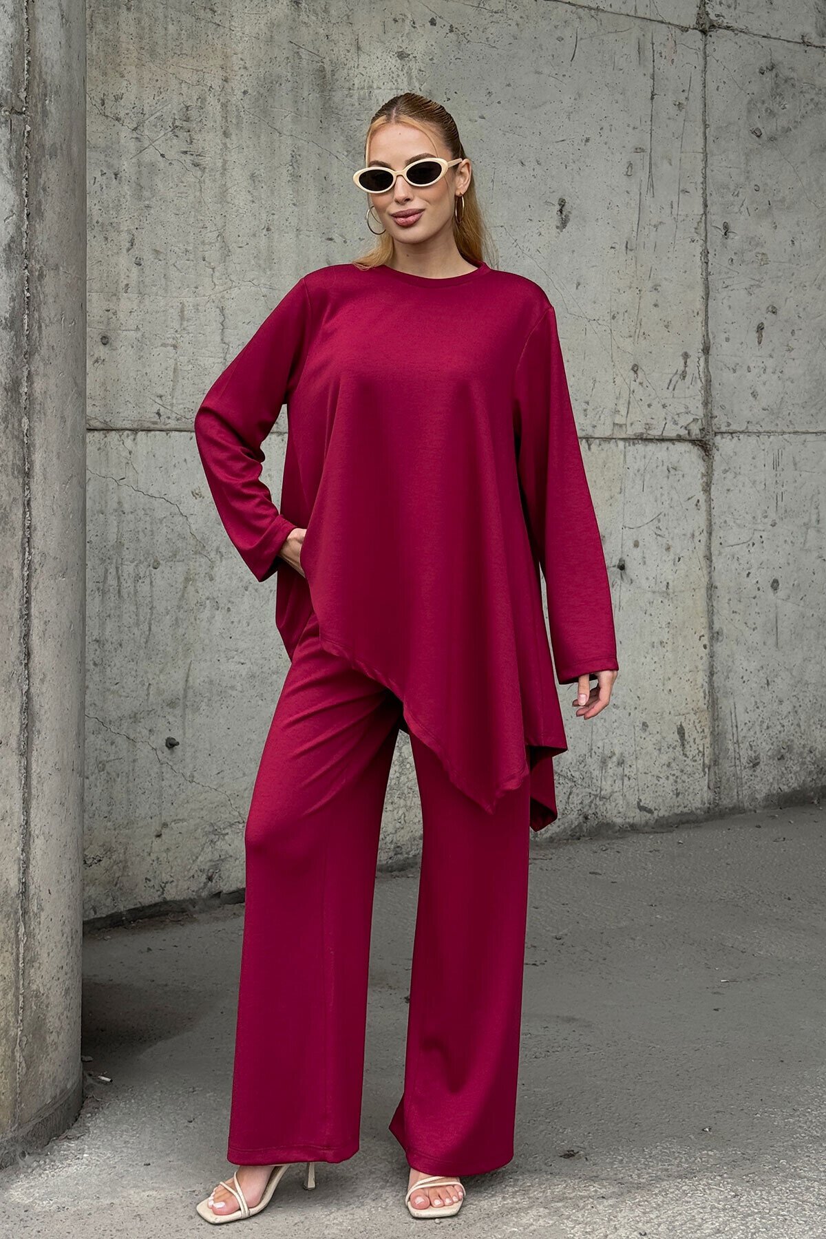 Rahat Kalıp Asimetrik Bluz Ve Pantolon Modal Kumaş Takım Bordo