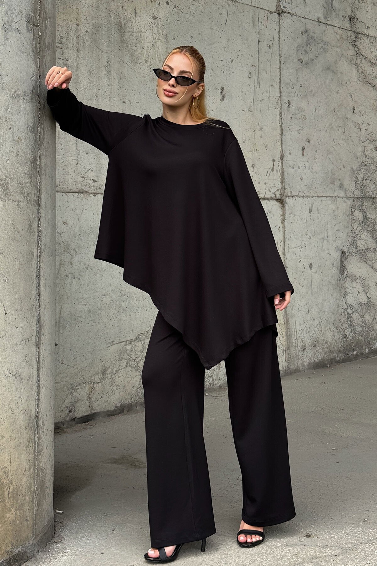 Rahat Kalıp Asimetrik Bluz Ve Pantolon Modal Kumaş Takım Siyah