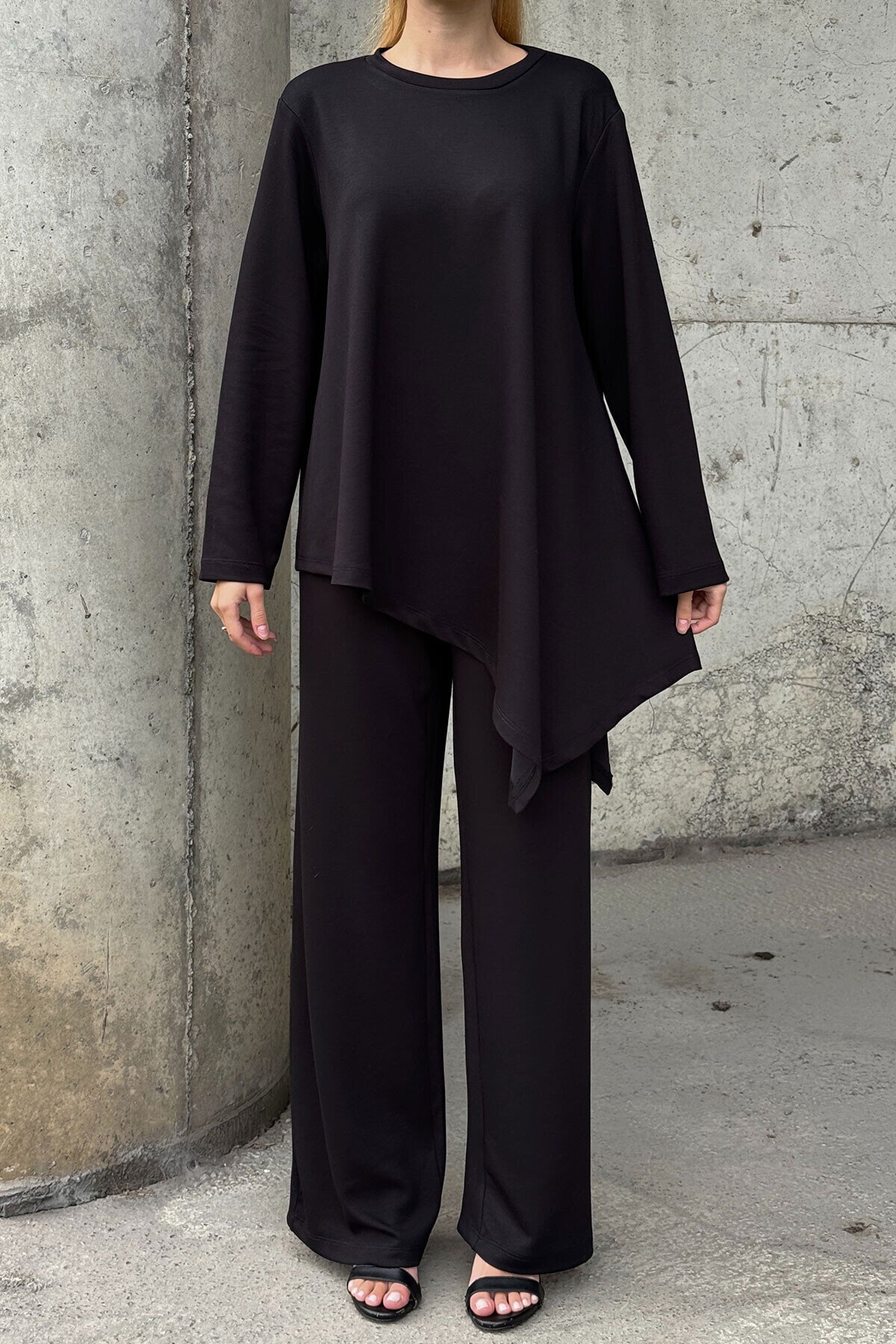 Rahat Kalıp Asimetrik Bluz Ve Pantolon Modal Kumaş Takım Siyah