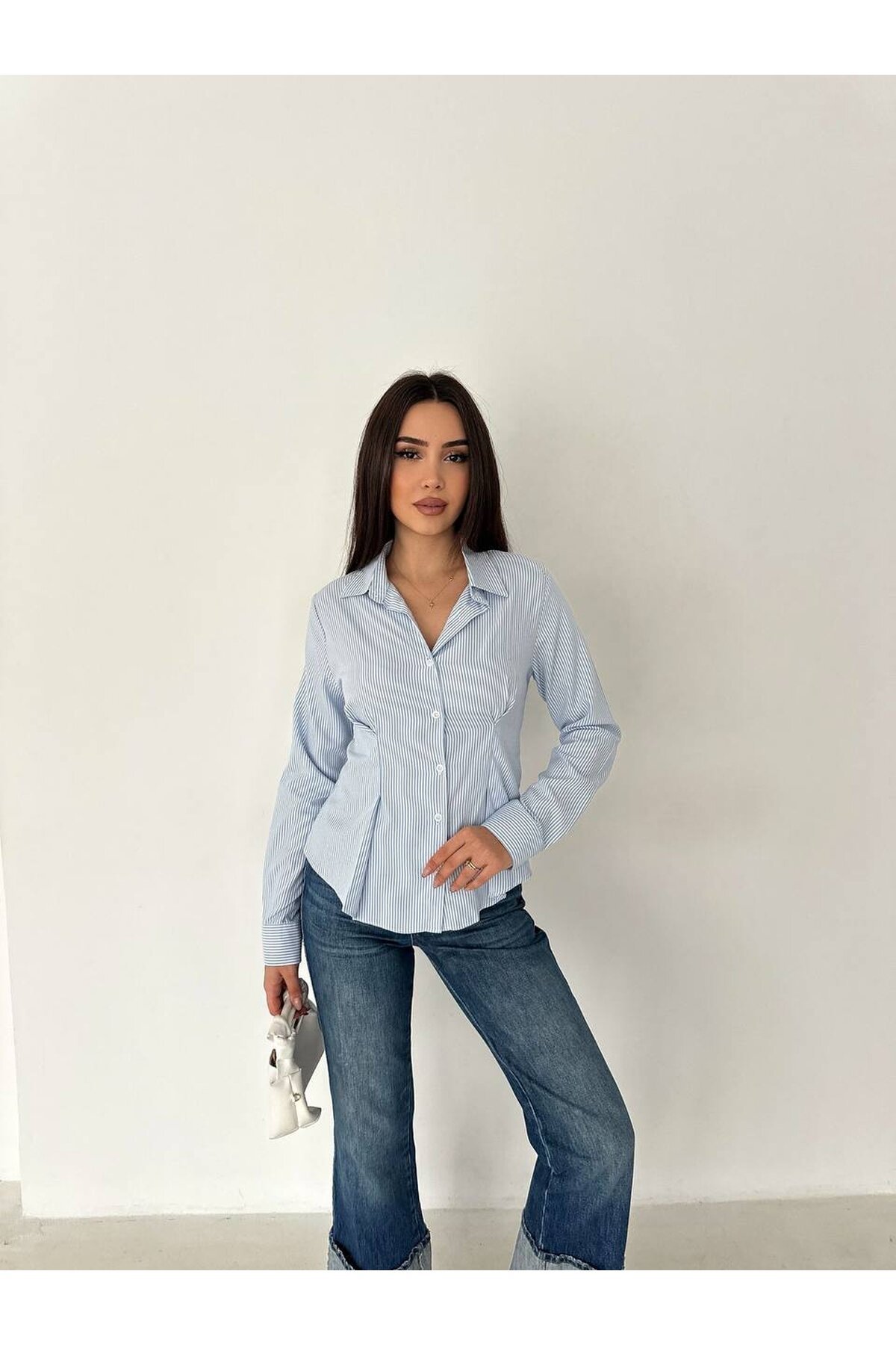 Slim Fit Düğmeli Pens Detay Çizgili Gömlek