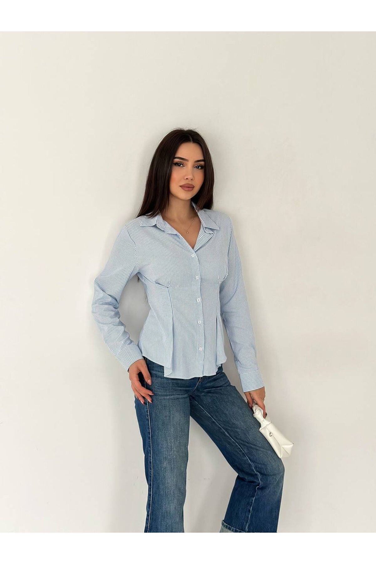 Slim Fit Düğmeli Pens Detay Çizgili Gömlek