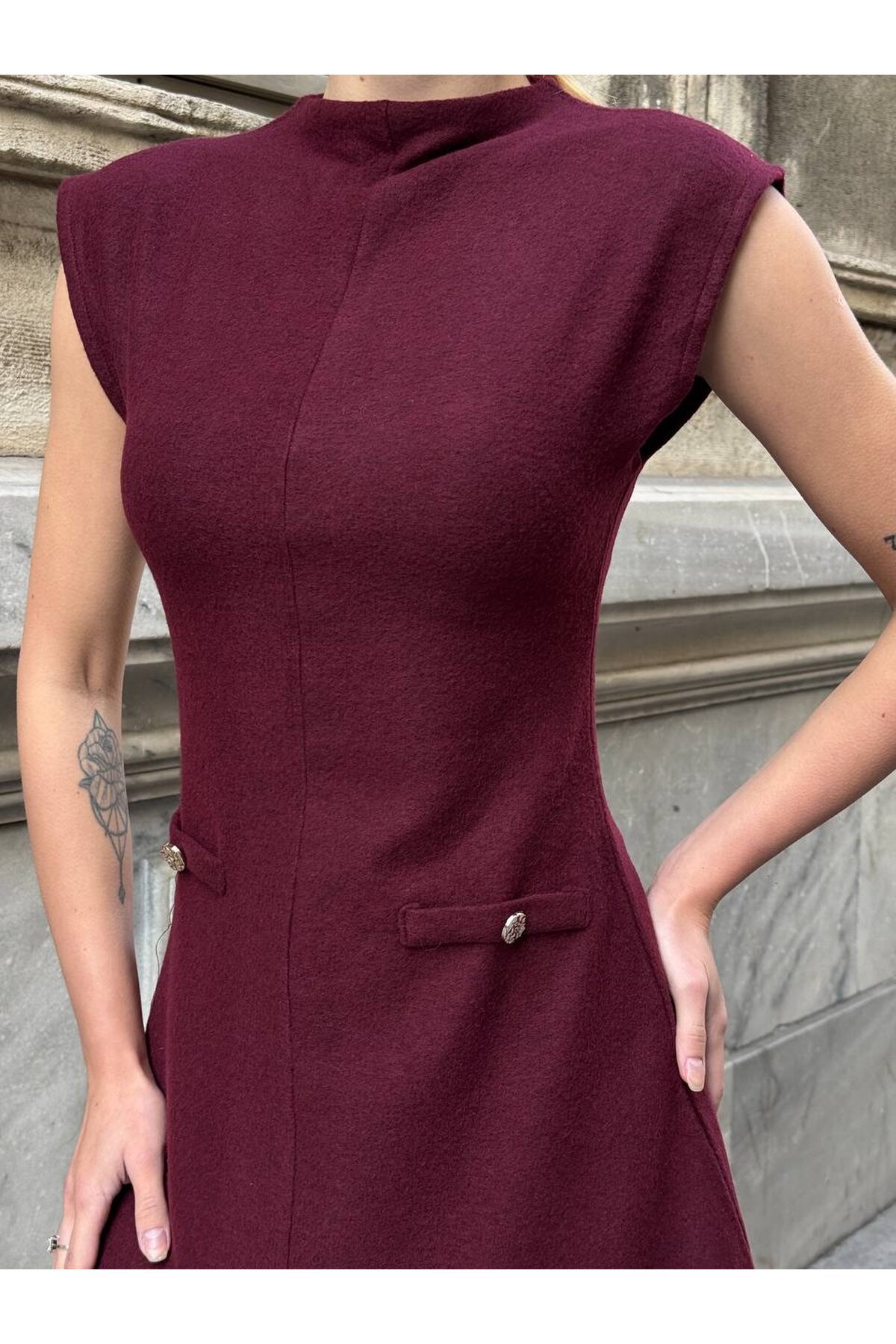Triko Kumaş Kolsuz Elbise Bordo
