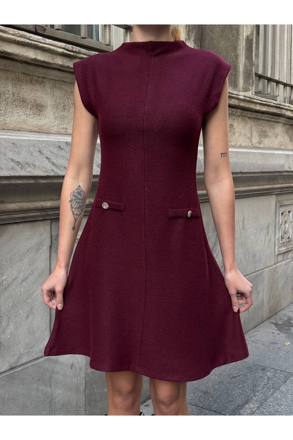 Triko Kumaş Kolsuz Elbise Bordo