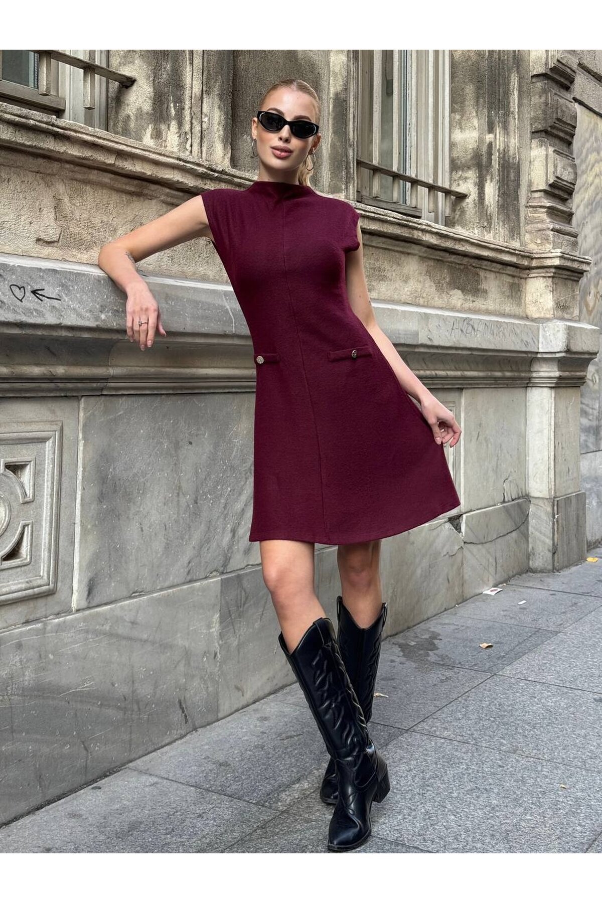 Triko Kumaş Kolsuz Elbise Bordo