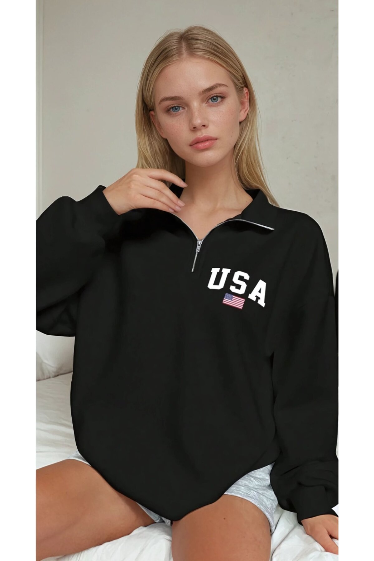 USA College Siyah Fermuarlı Oversize Sweatshirt