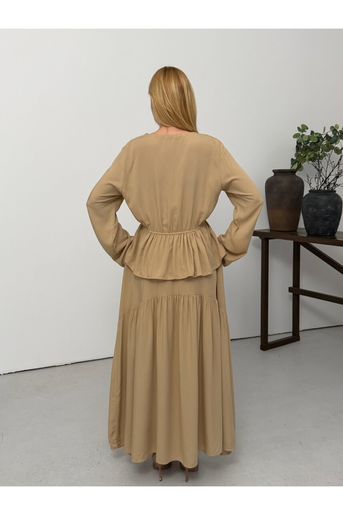 Viskon Kumaş Fermuar Detaylı Alt Üst Takım Bej