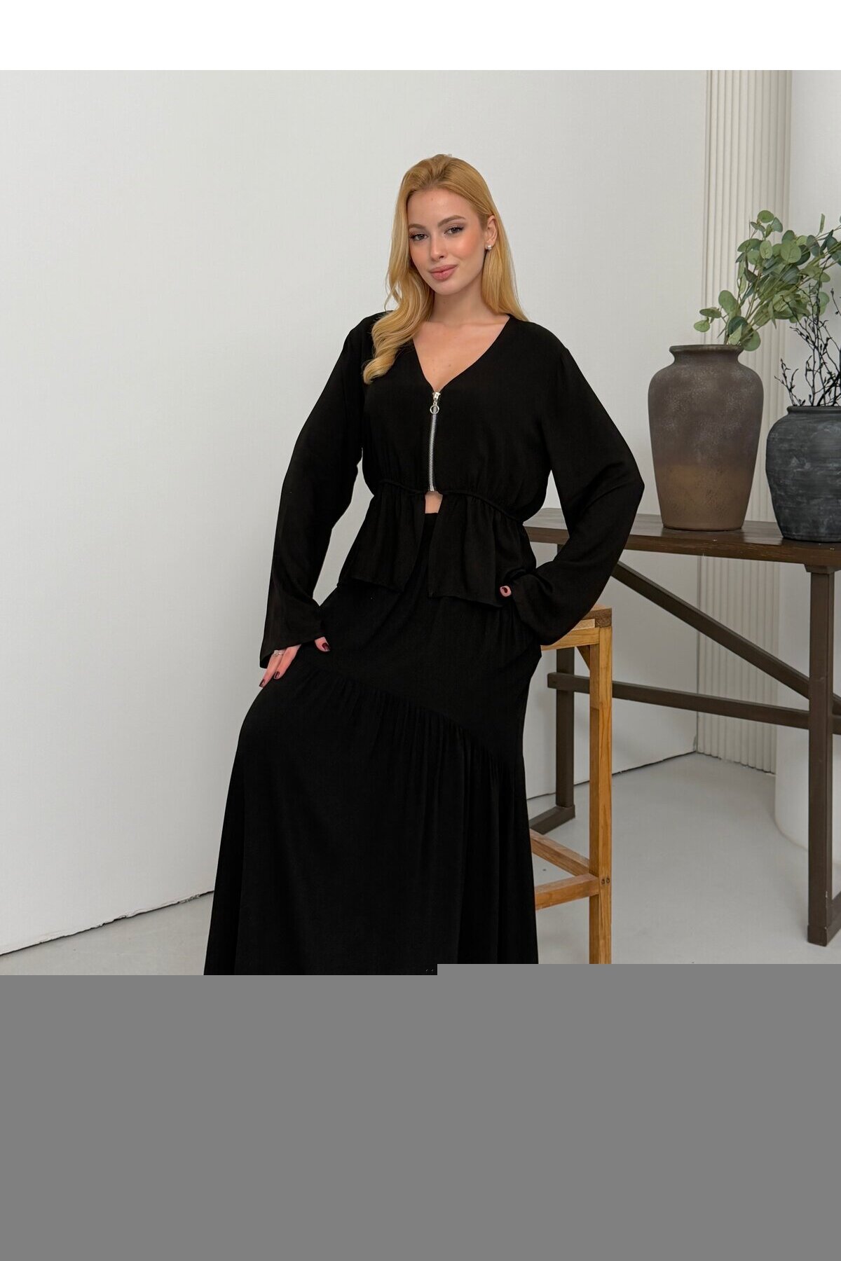 Viskon Kumaş Fermuar Detaylı Alt Üst Takım Siyah