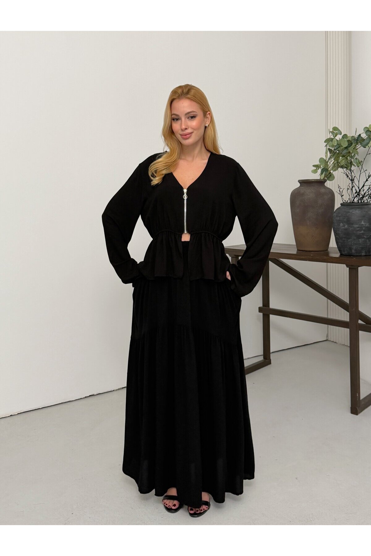 Viskon Kumaş Fermuar Detaylı Alt Üst Takım Siyah