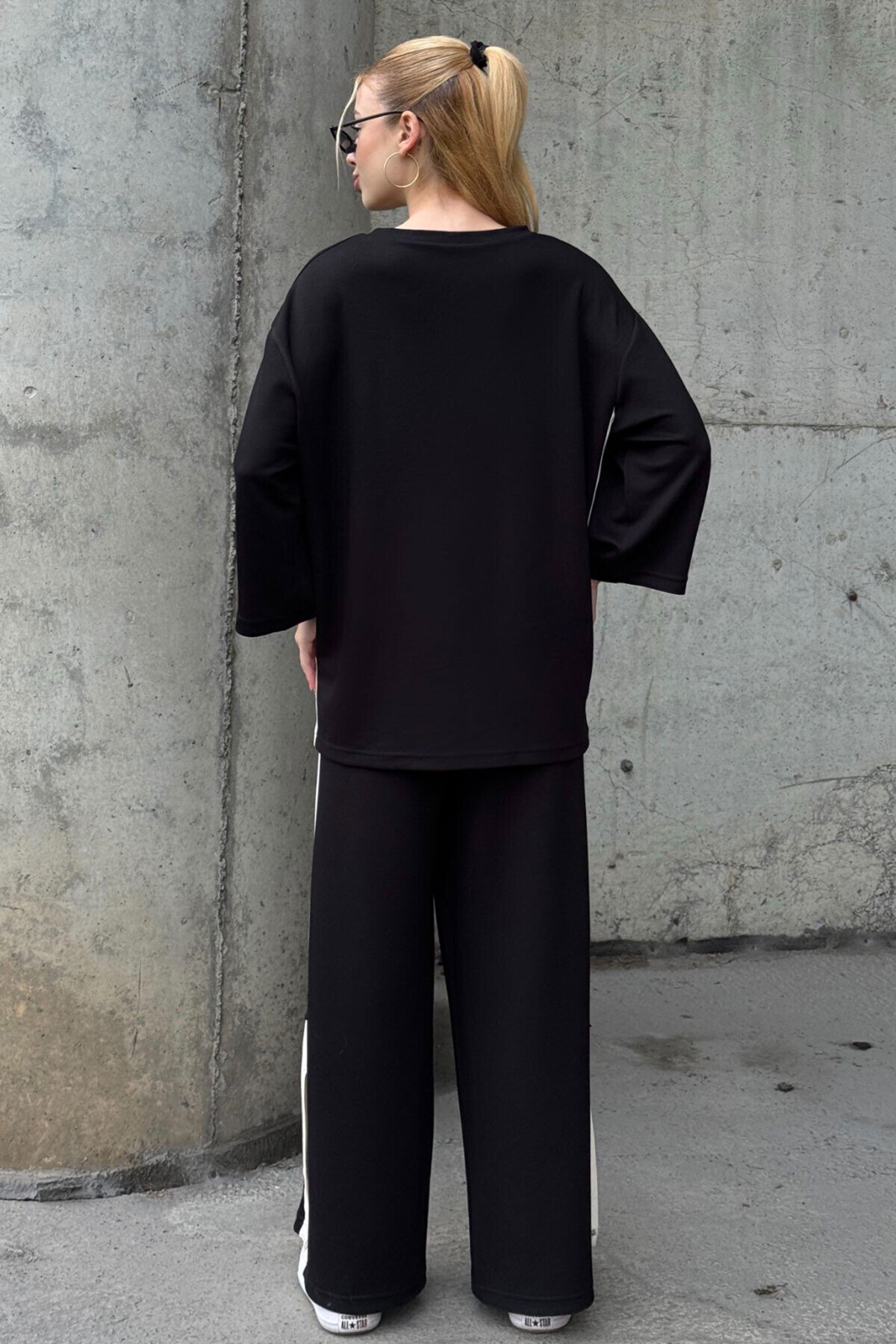 Yanları Şerit Detay Alt Üst Takım Siyah