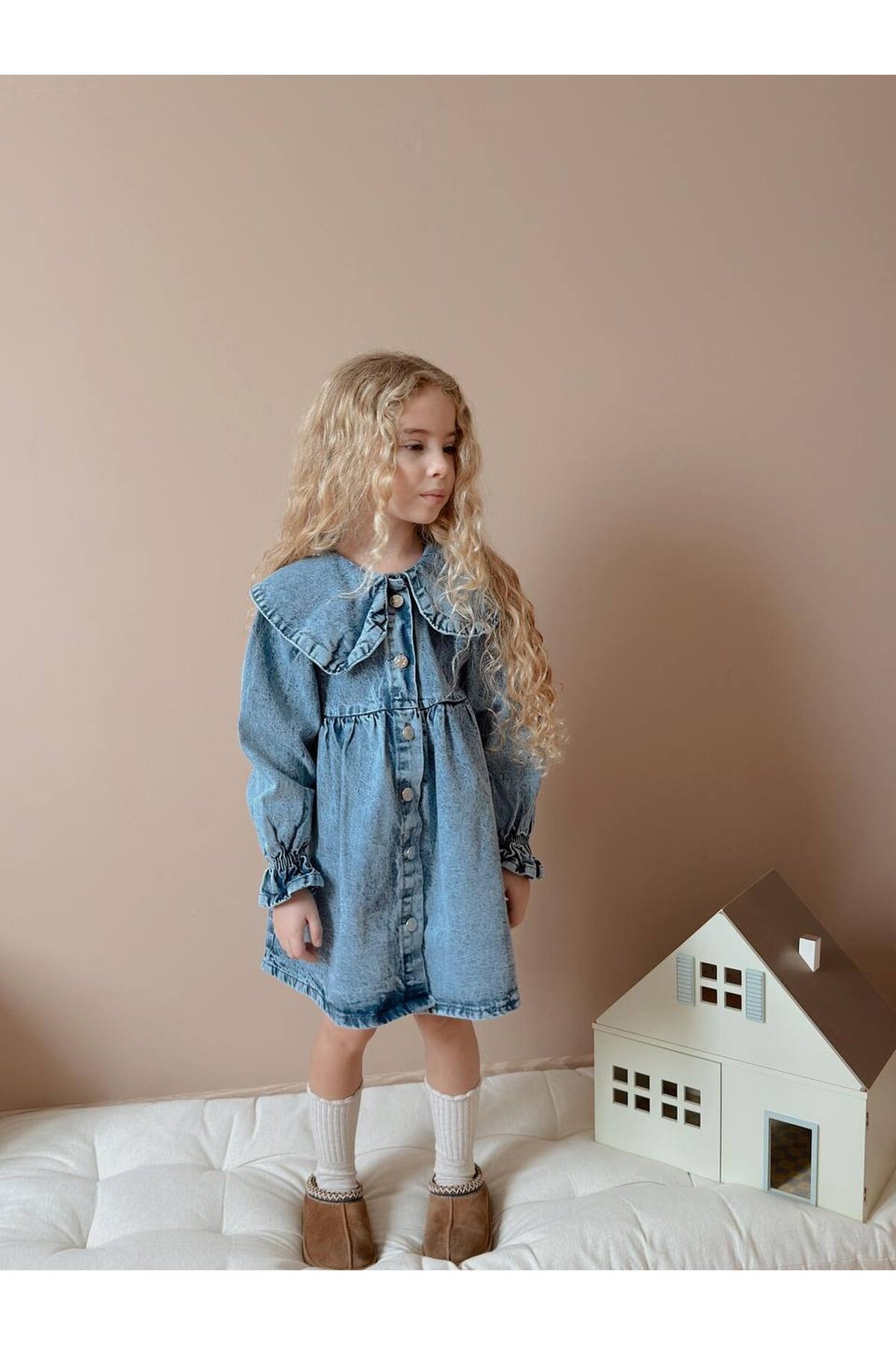Yıkamalı Yaka Detay Kız Çocuk Elbise