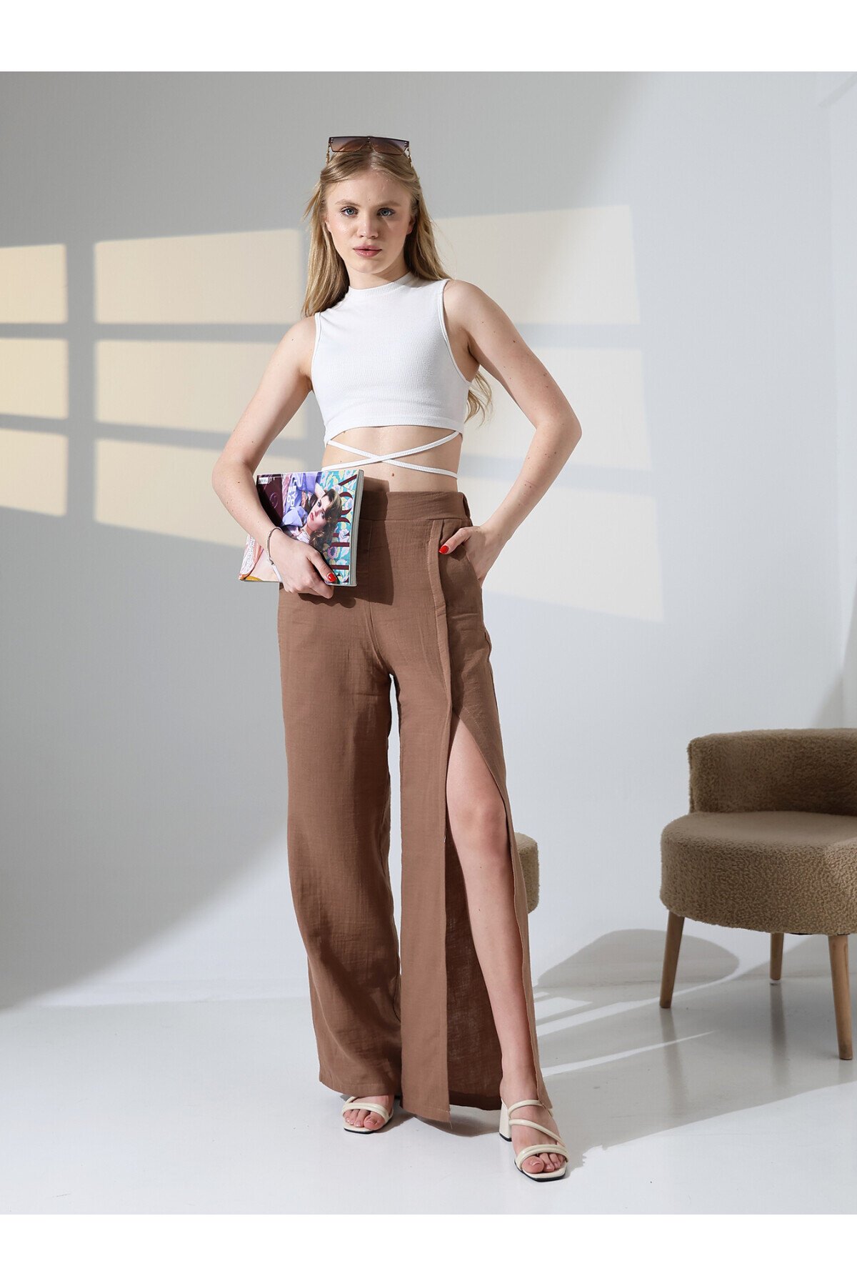 Yırtmaçlı Müslin Pantalon Kahve