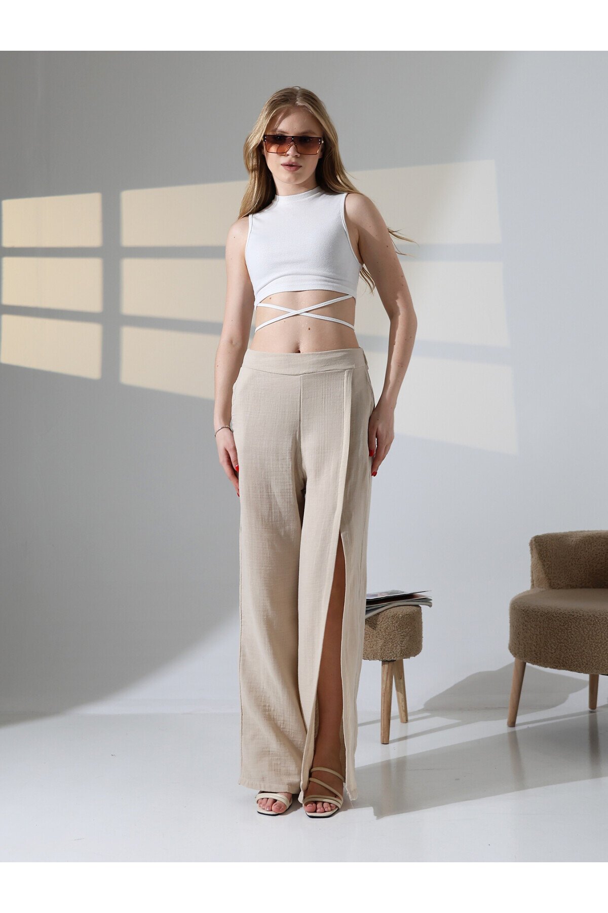 Yırtmaçlı Müslin Pantolon Bej