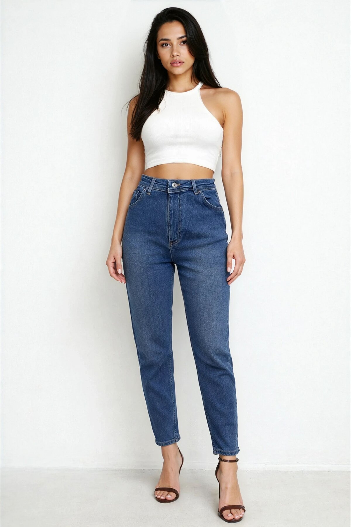 Yüksek Bel Dar Paça Bilek Boy Lacivert Jean
