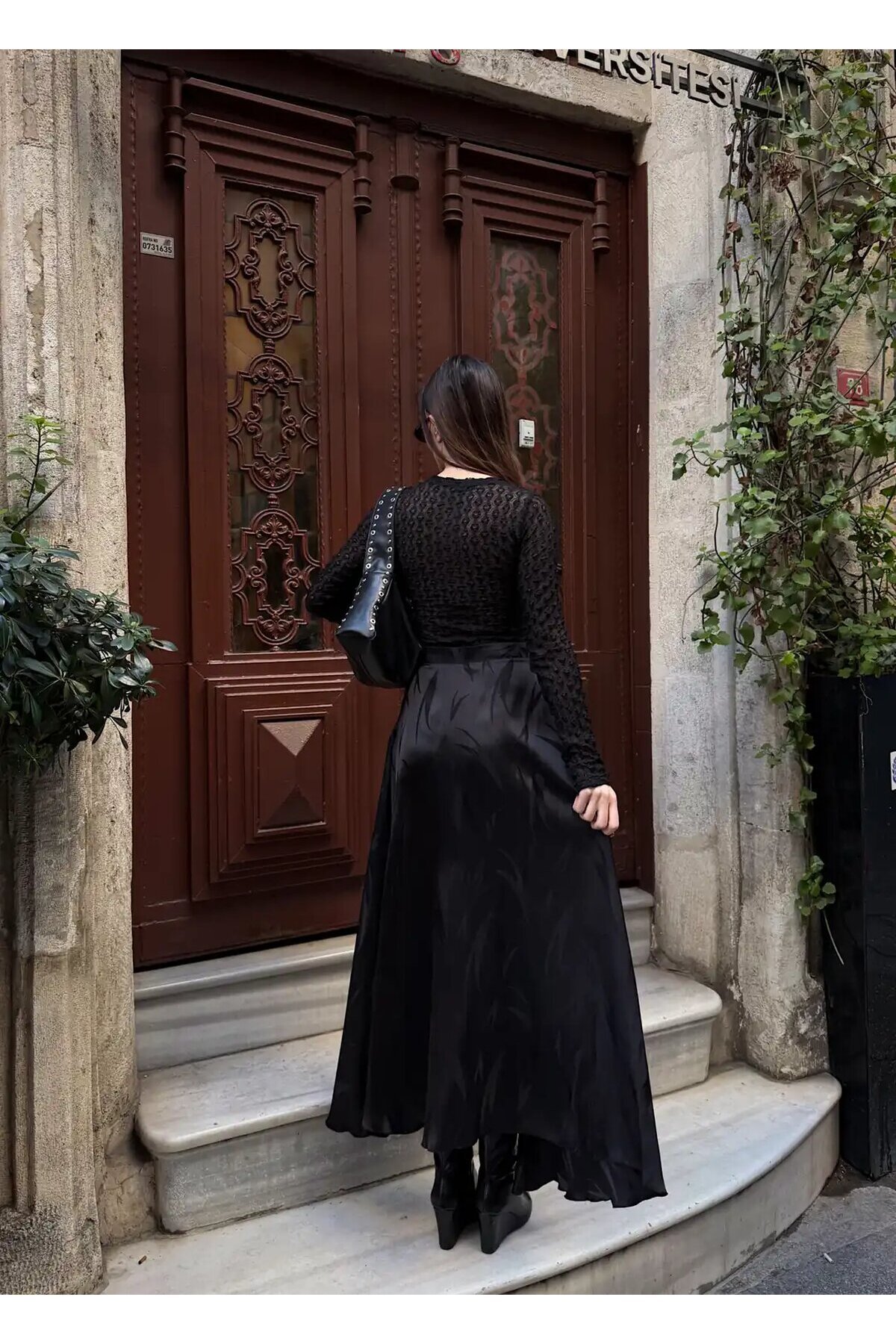 Yüksek Bel Desenli Saten Etek