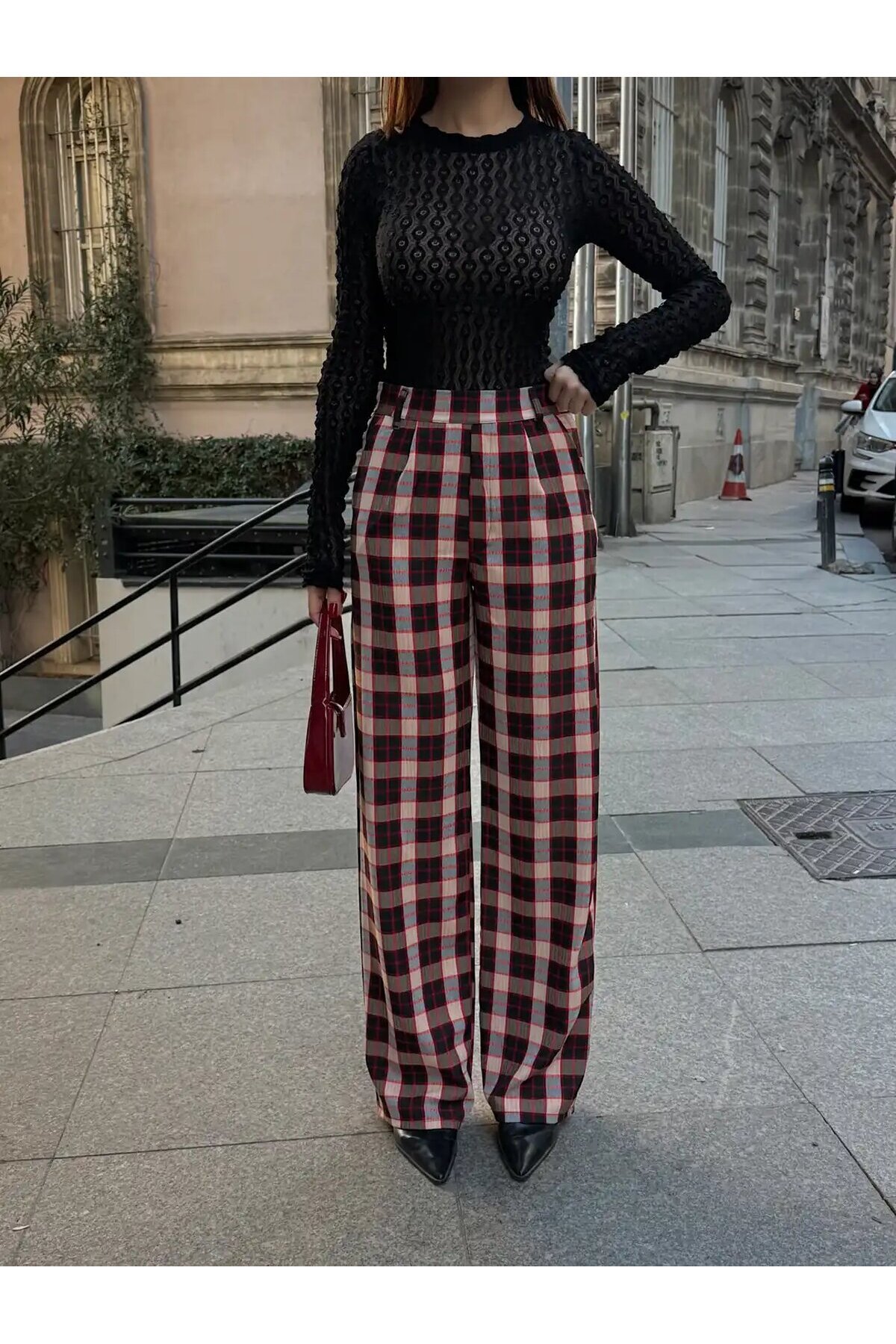 Yüksek Bel İspanyol Paça Ekose Pantolon
